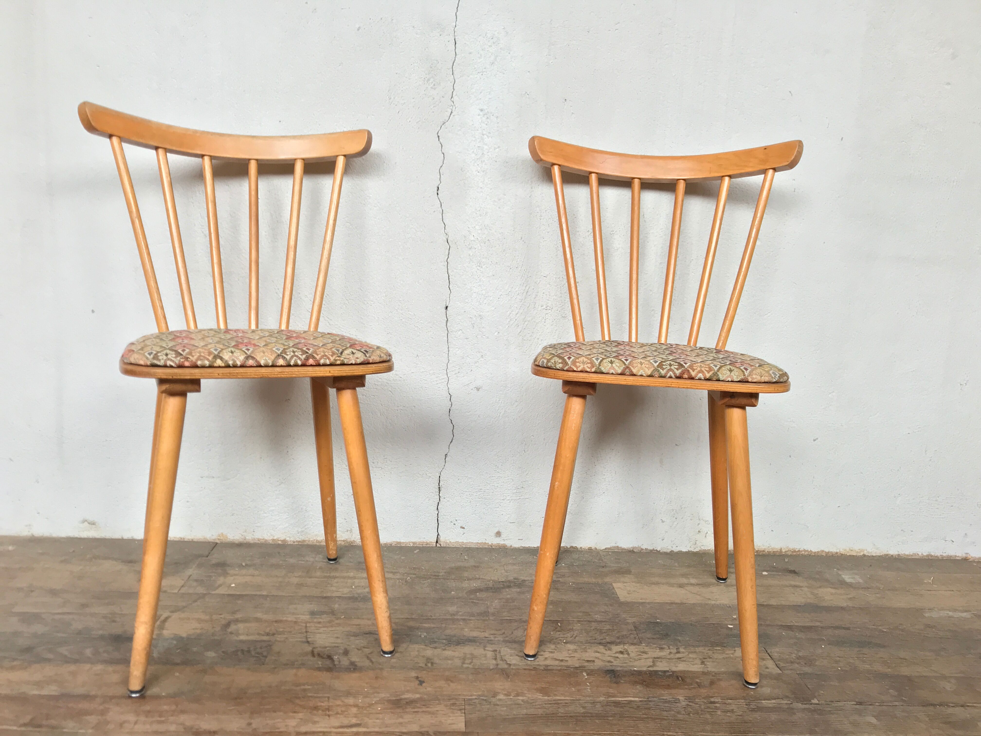 Pair of Scandinavian chair fabric light wood flower feet compasses