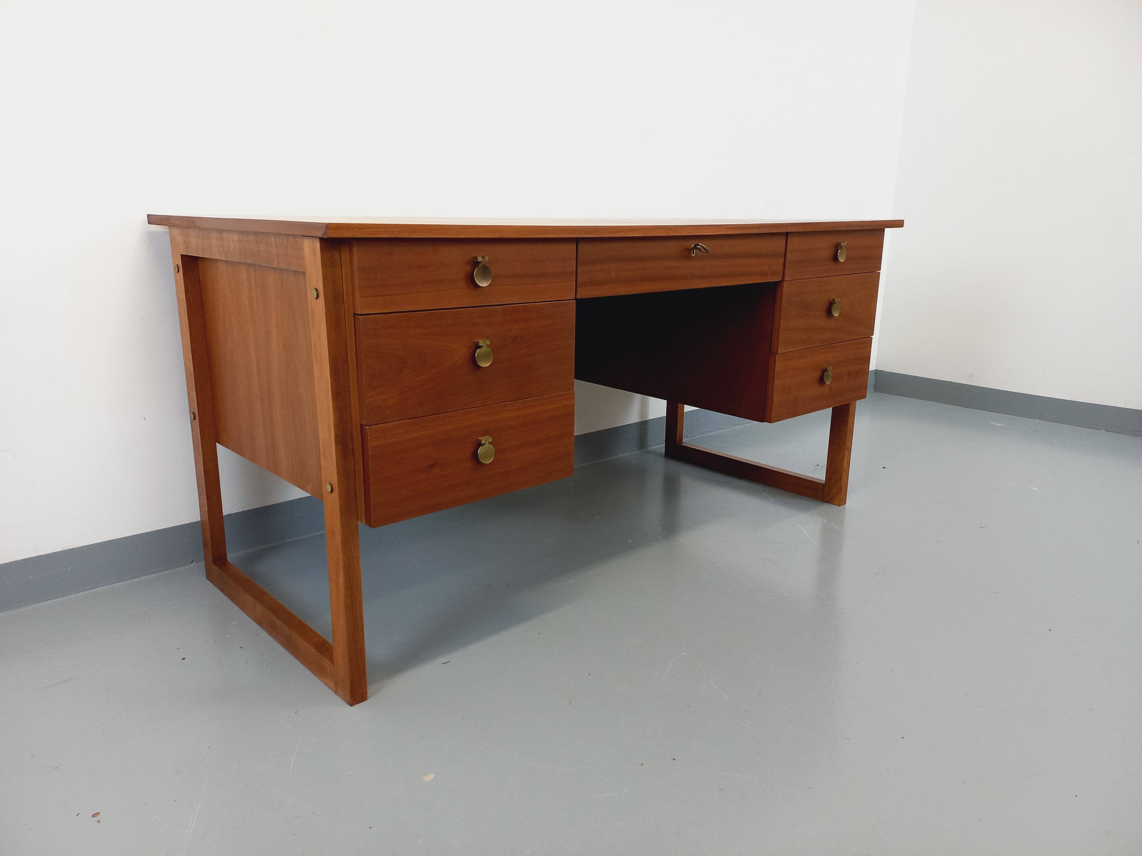 Double-sided executive desk sled legs vintage Scandinavian style in teak from the 60s
