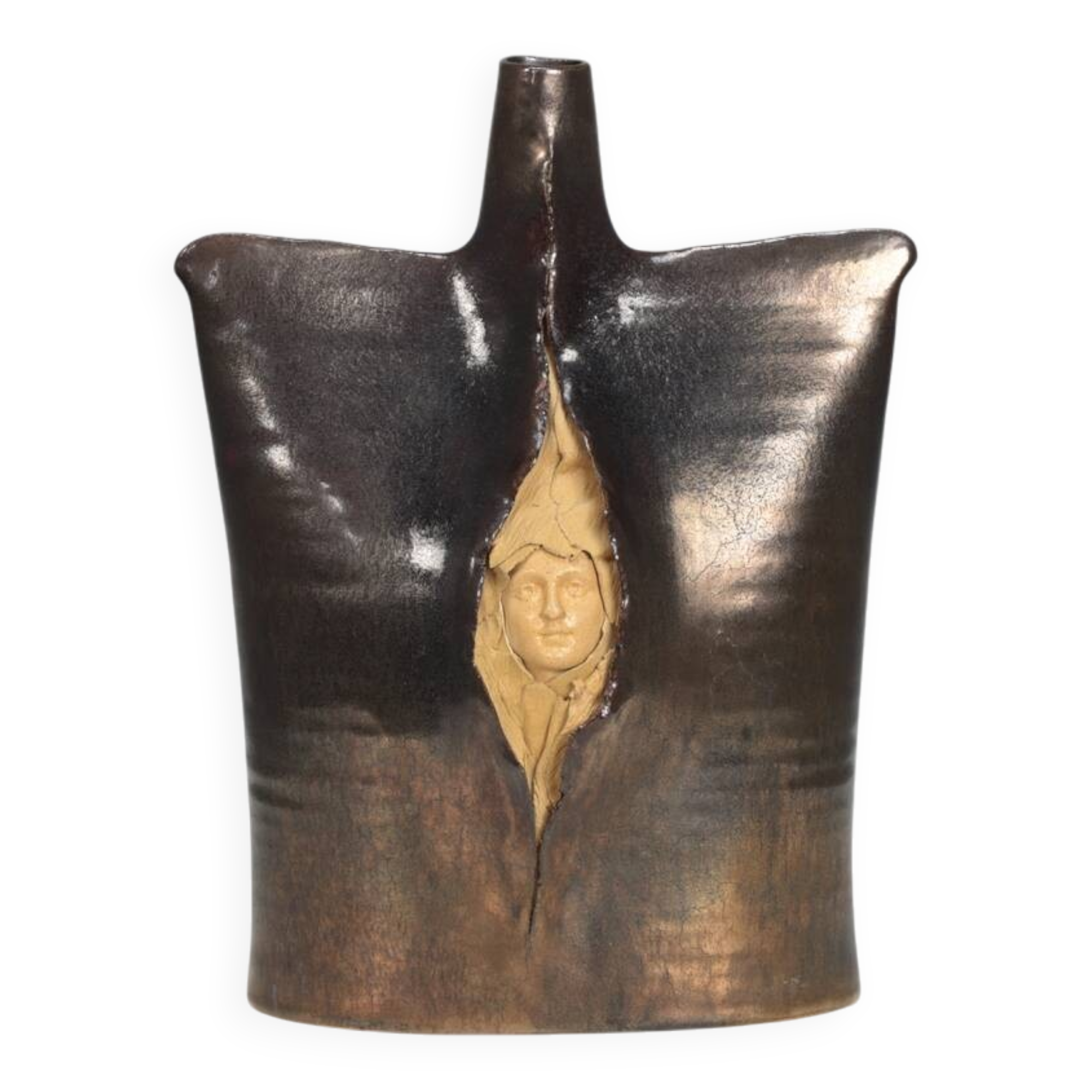 Vase en céramique sculptée, signé TL, années 1970 – Céramique d'atelier européenne d'après-guerre