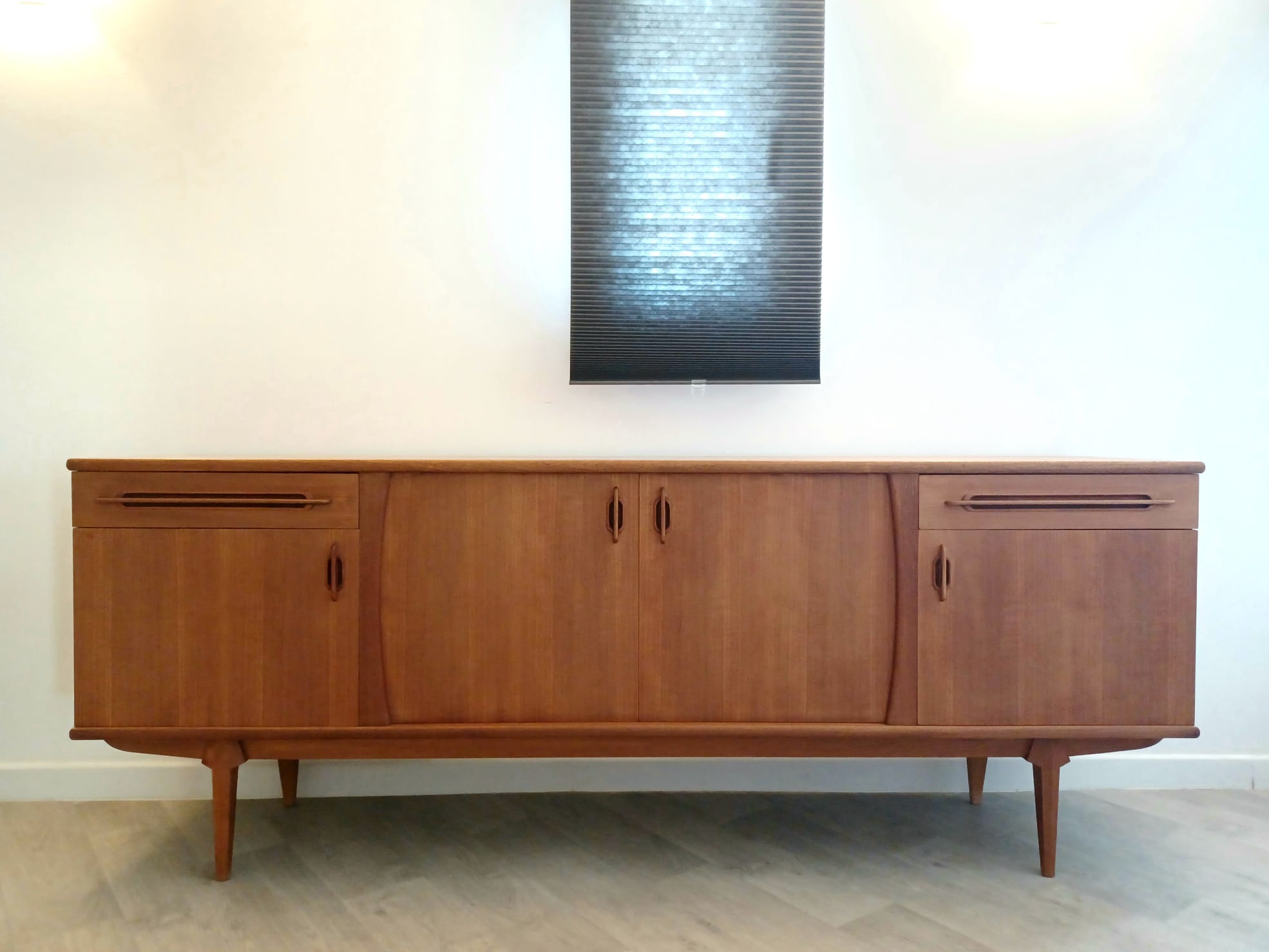 Scandinavian teak row 50s-60s, French manufacture signed Eros