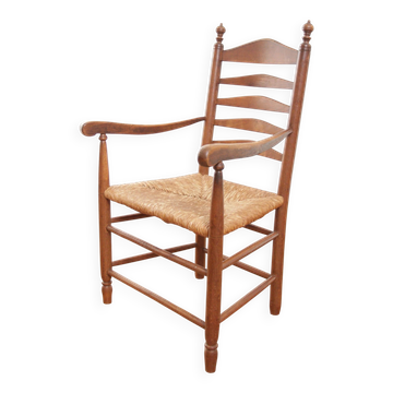 Dutch oak ladderback armchair with rush seat – 1950s