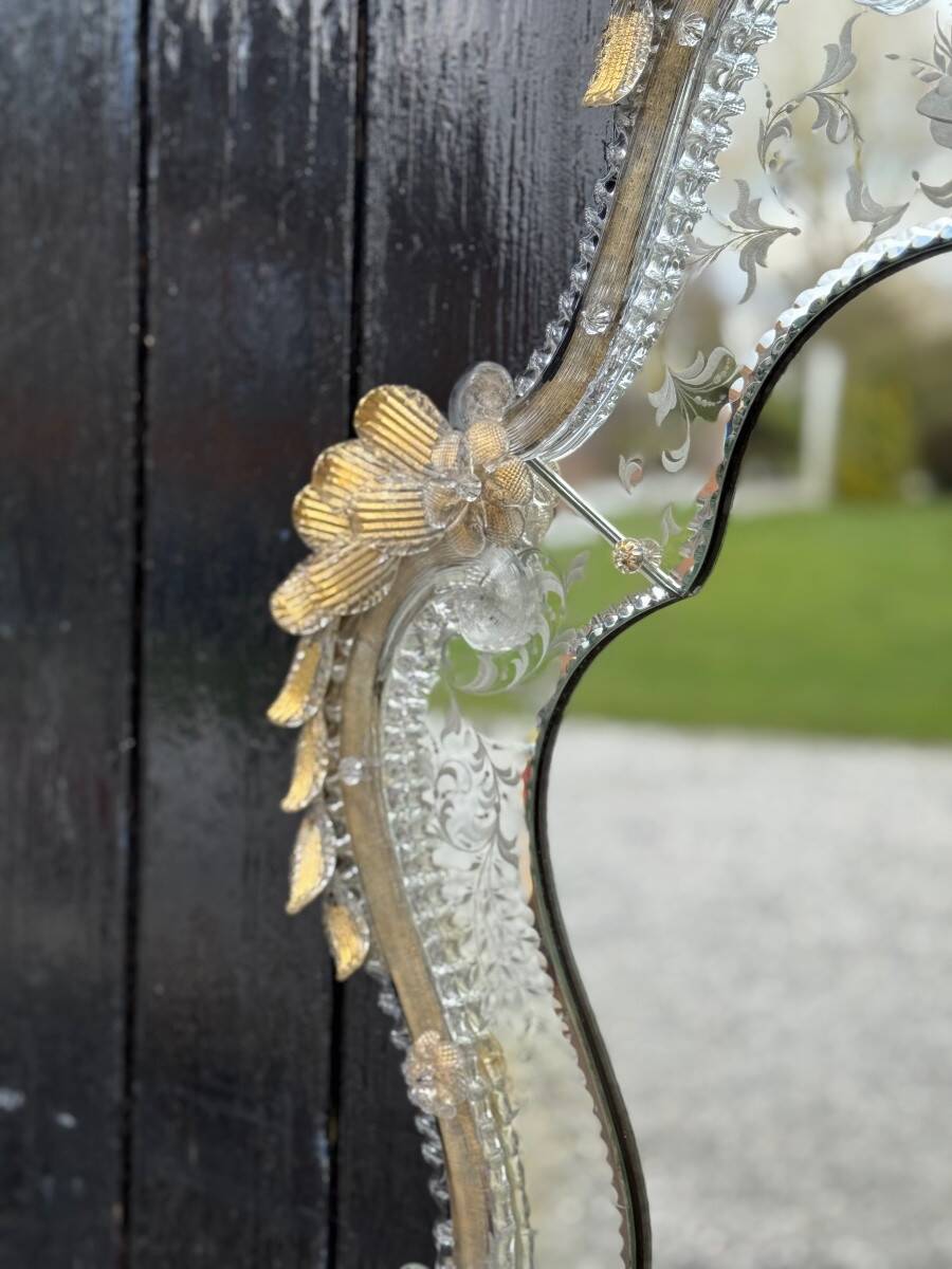 Venetian Murano Glass Mirror, Gilded with Fine Gold, Engraved Mirror, Circa 1950