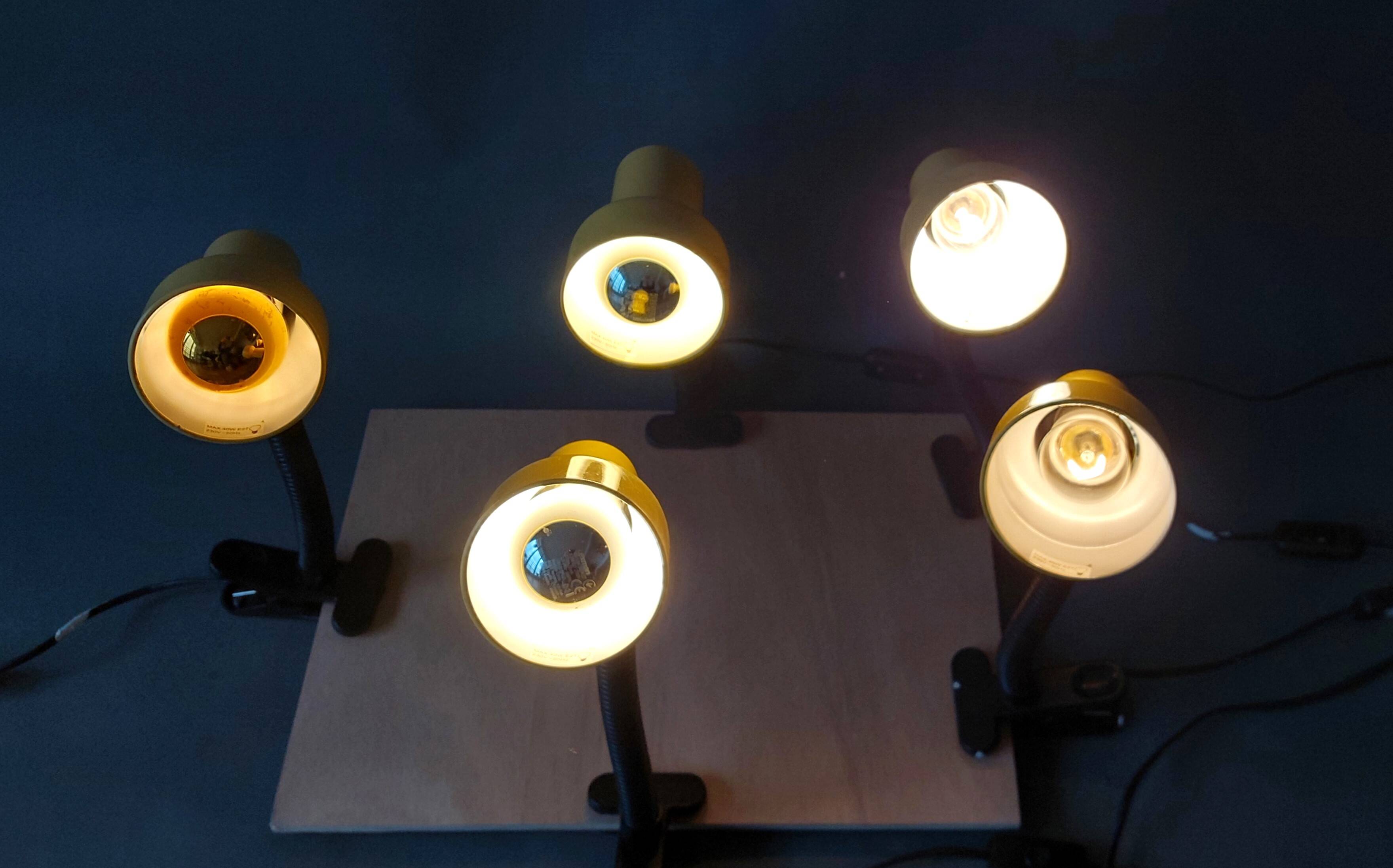 Series of 5 yellow lacquered adjustable clamp spotlights 1980 Vintage.
