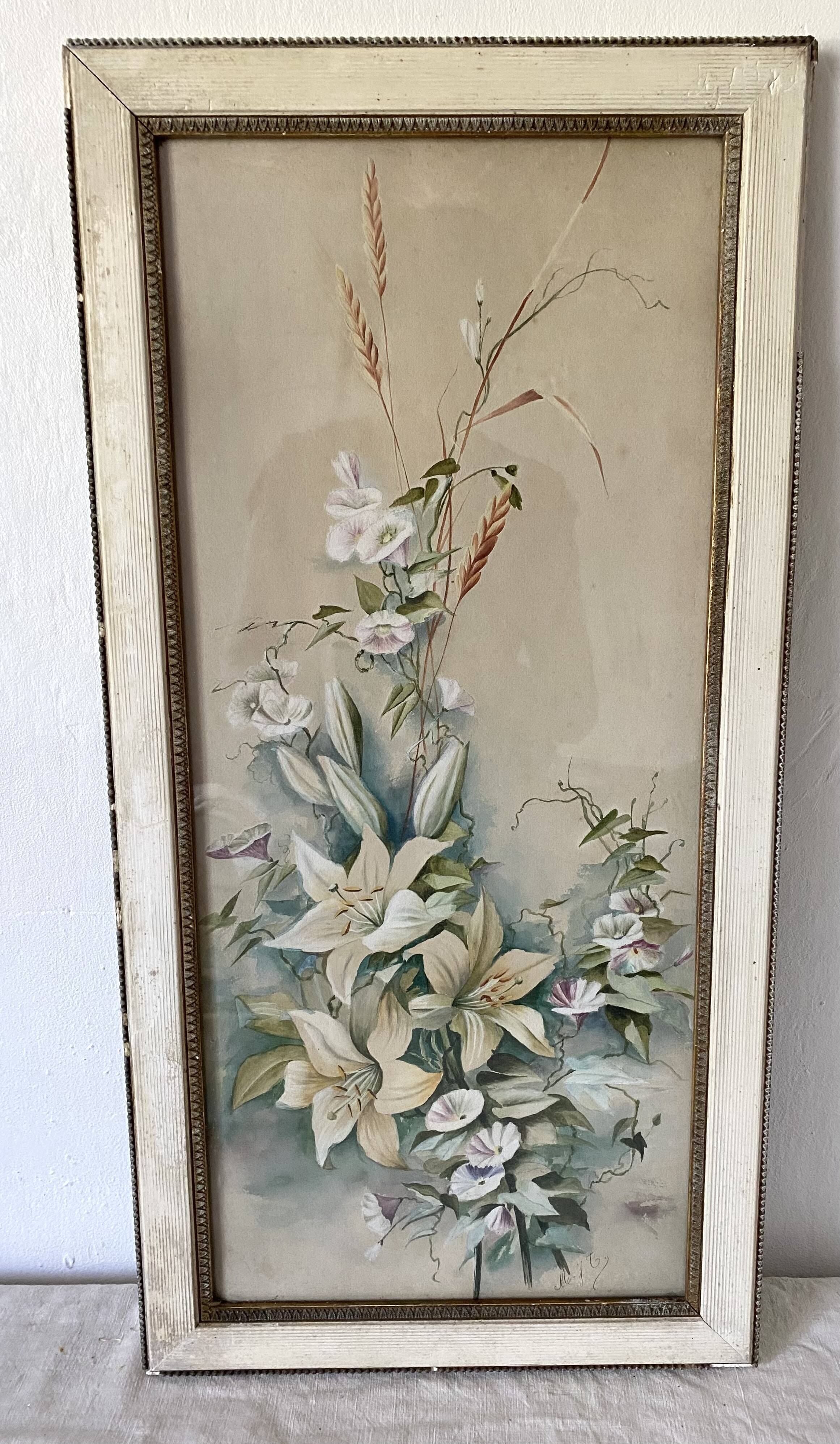 Triptych of old watercolors, flowers, 19th century