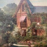 19th century French oil painting, a house and its garden, 1874