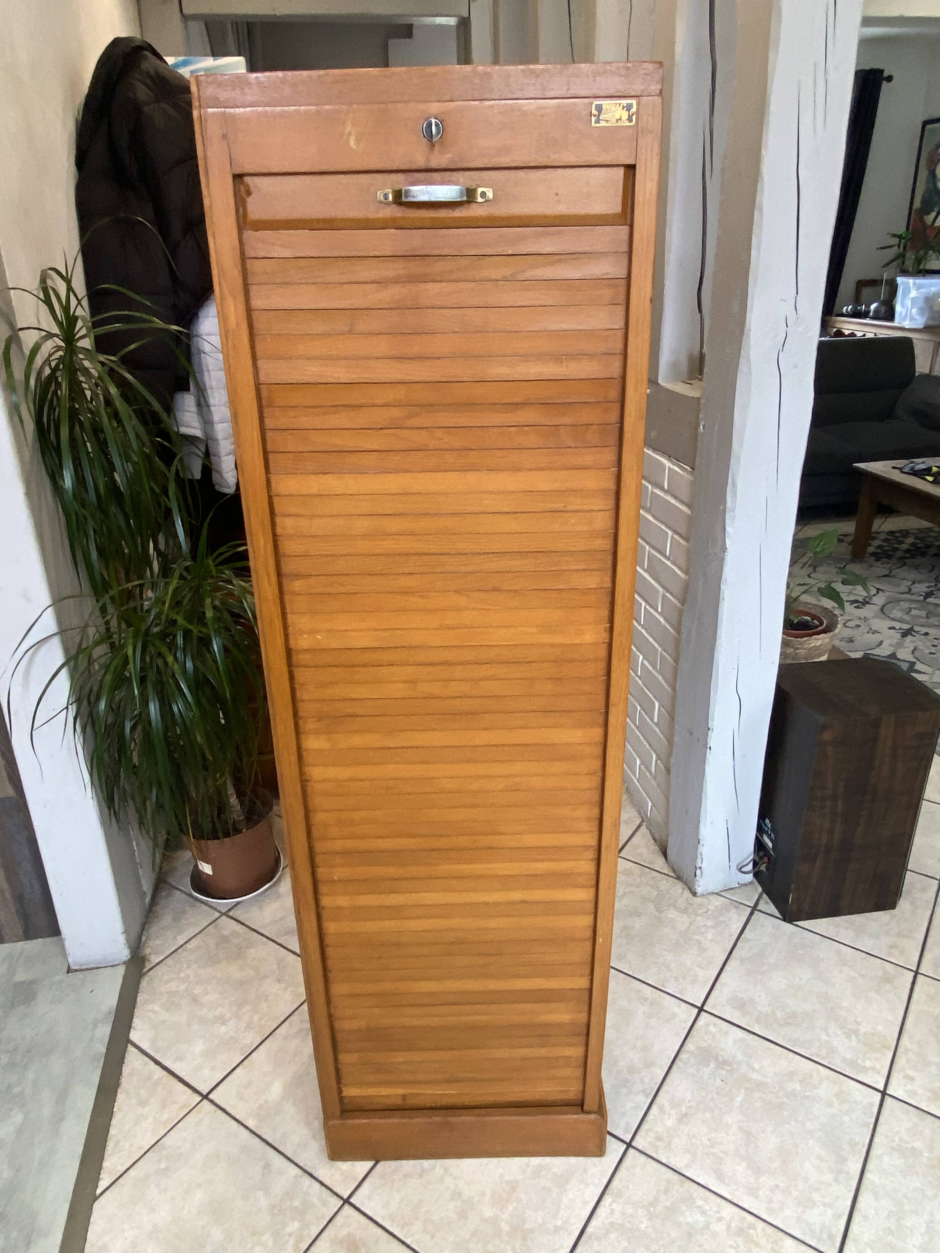 1950s oak office storage cabinet with curtains.