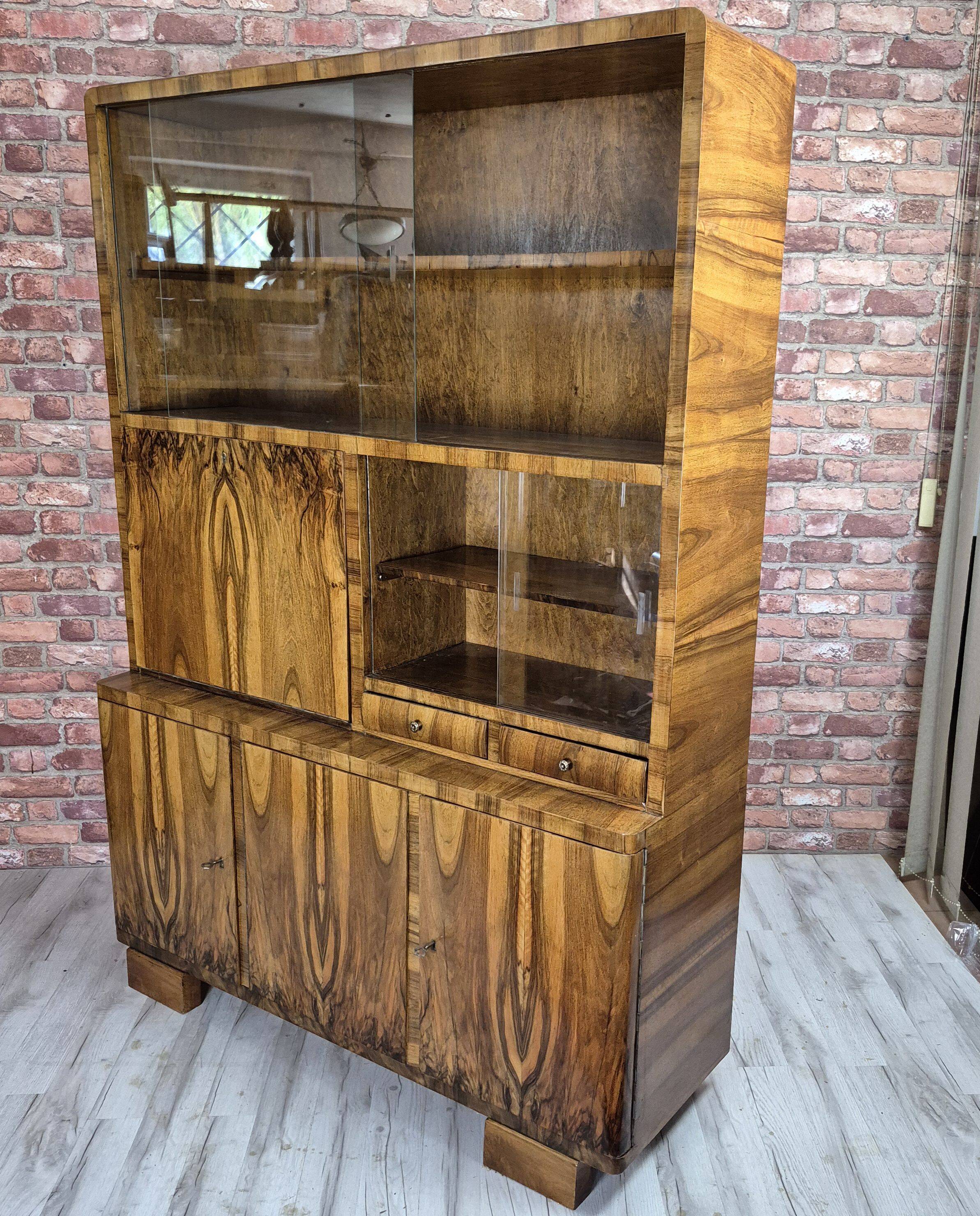 Restored Mid-Century Flame Walnut Highboard with Bar Cabinet - 1960s