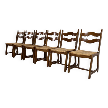 Lot de 6 chaises des années 50 en bois et paille