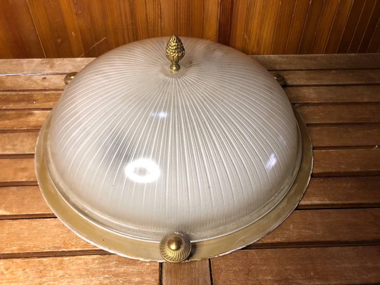 Old molded glass ceiling light + gold metal contour + vintage brass #a491