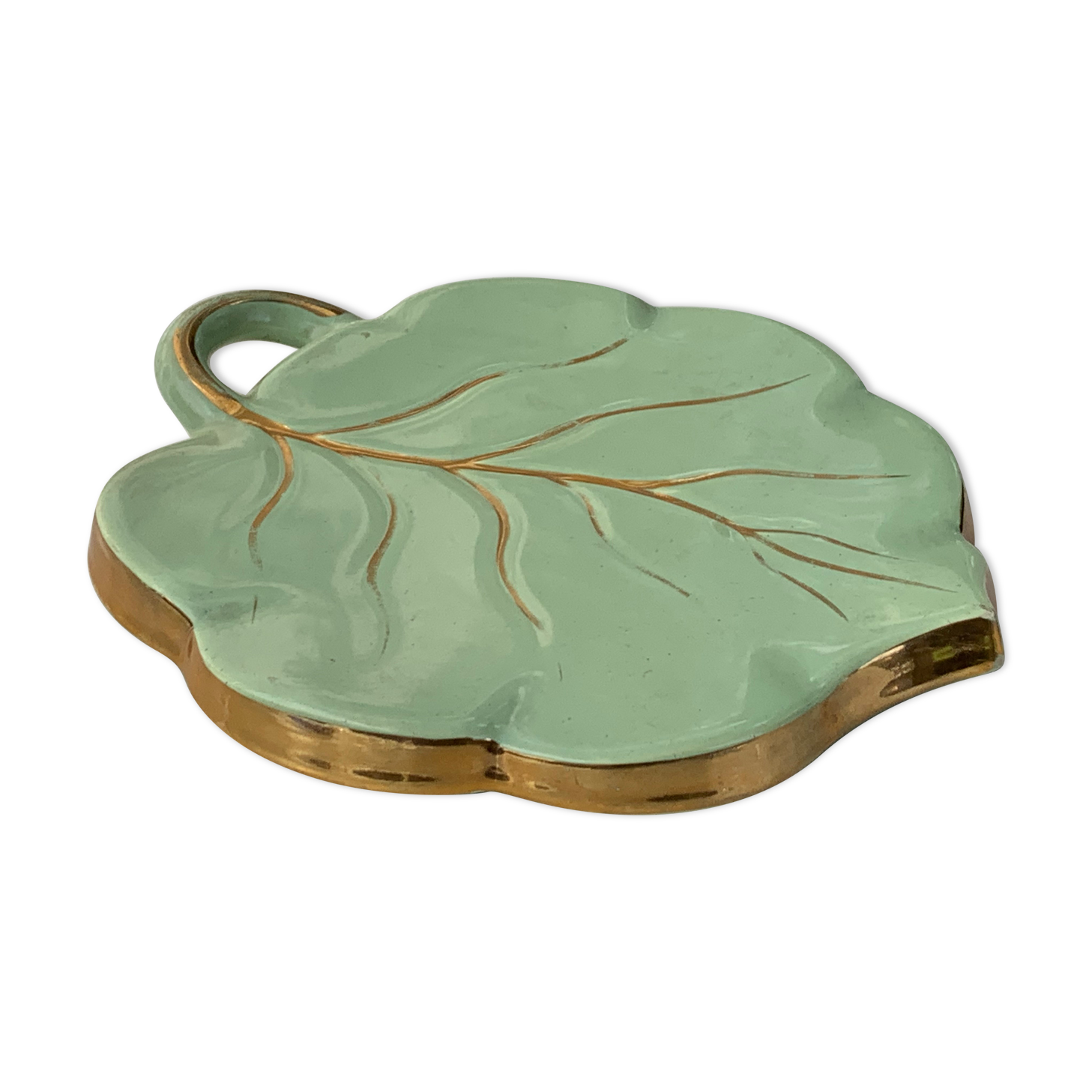 Ceramic underside, light green and gold, vintage leaf shape