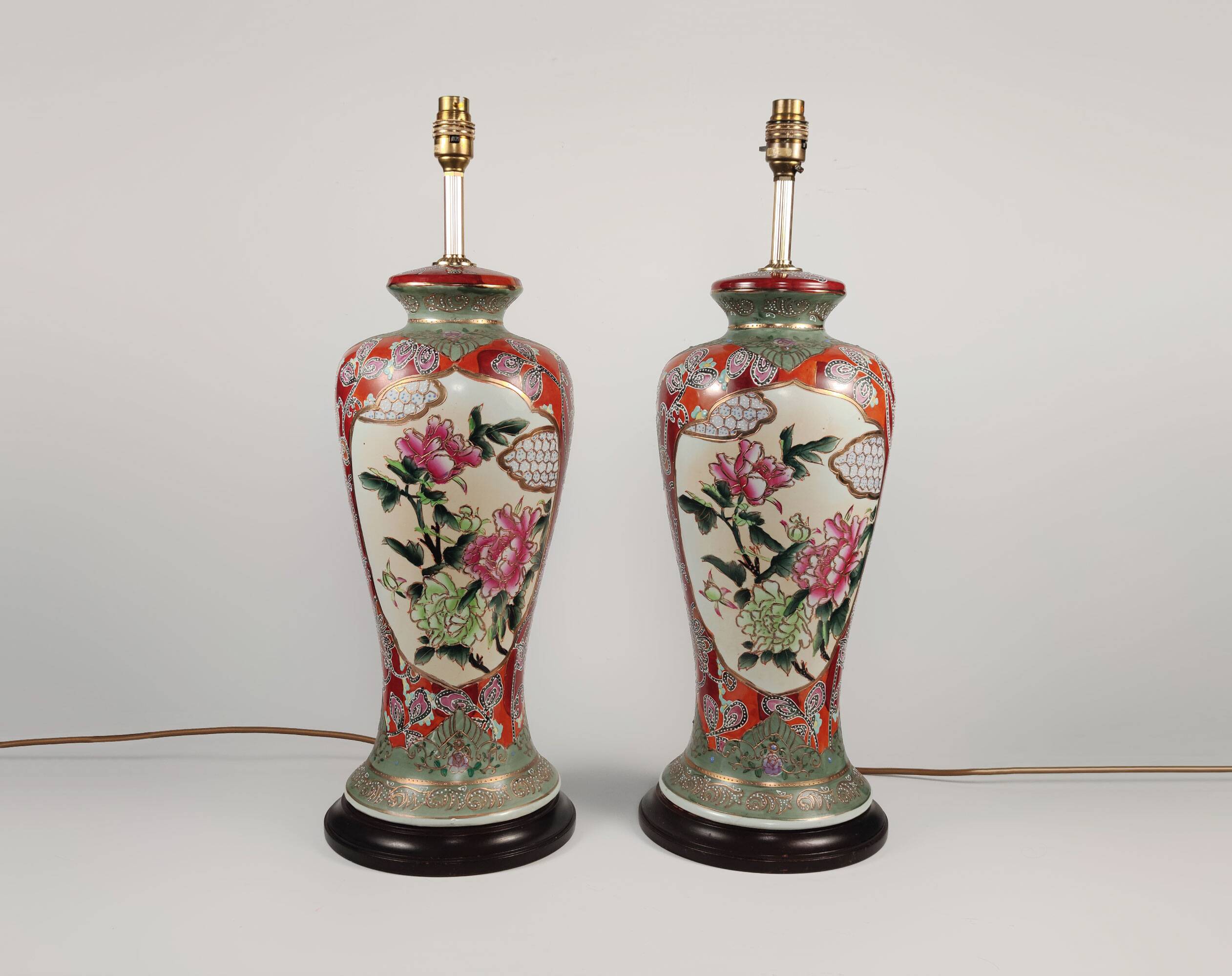 Pair Of XL Vintage Hand-Painted Chinese Floral Pottery Lamps