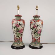 Pair Of XL Vintage Hand-Painted Chinese Floral Pottery Lamps