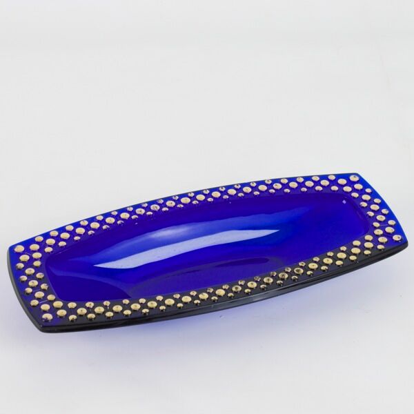 Cobalt blue glass cup gilded relief decoration, rectangular, 1960