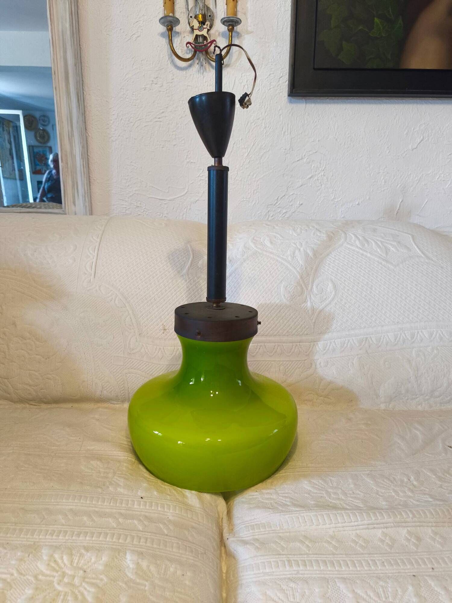 Sixties lustre. Opaline towards anise, white interior, brass stem.