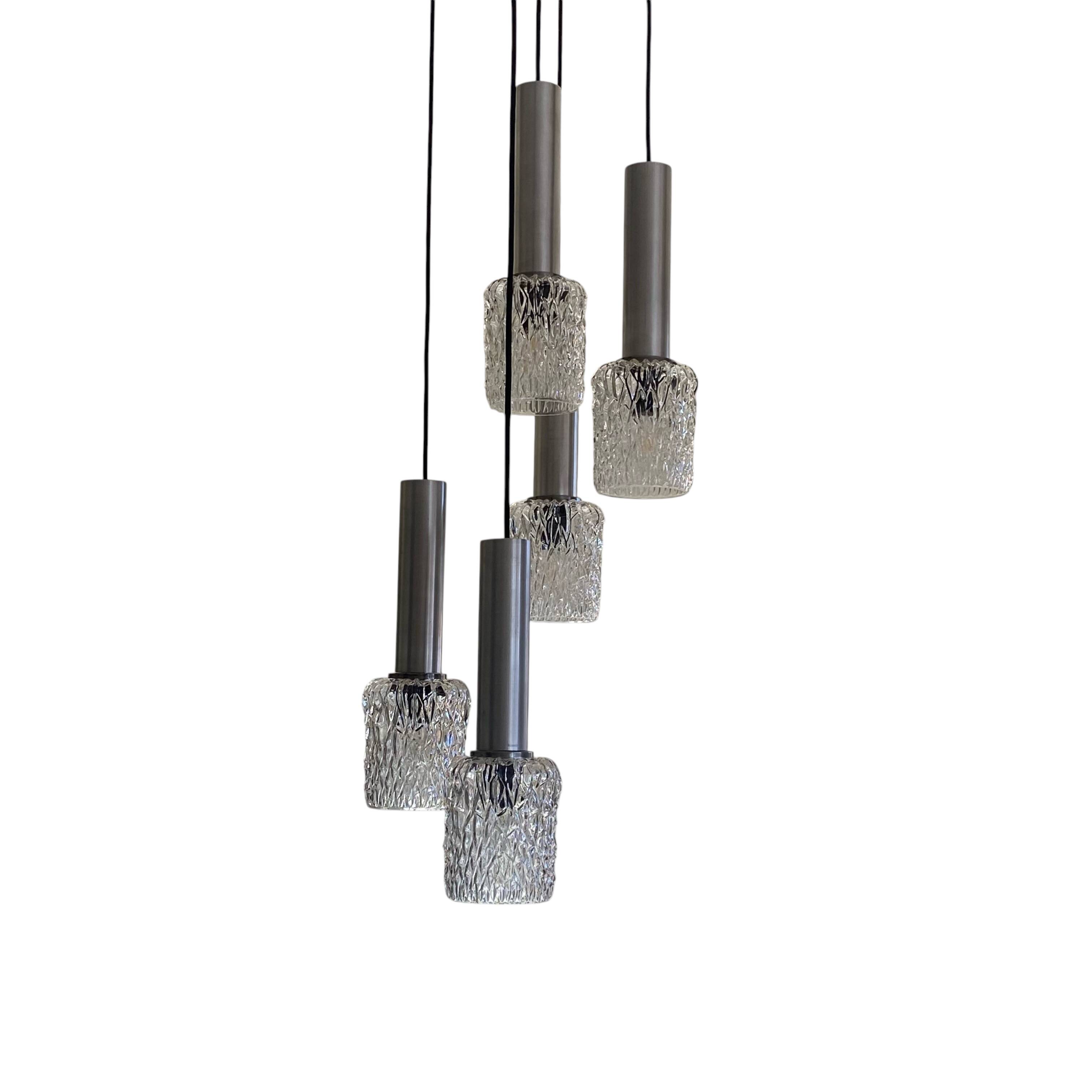 Large suspension chandelier with 5 glass lampshades and aluminium tube.