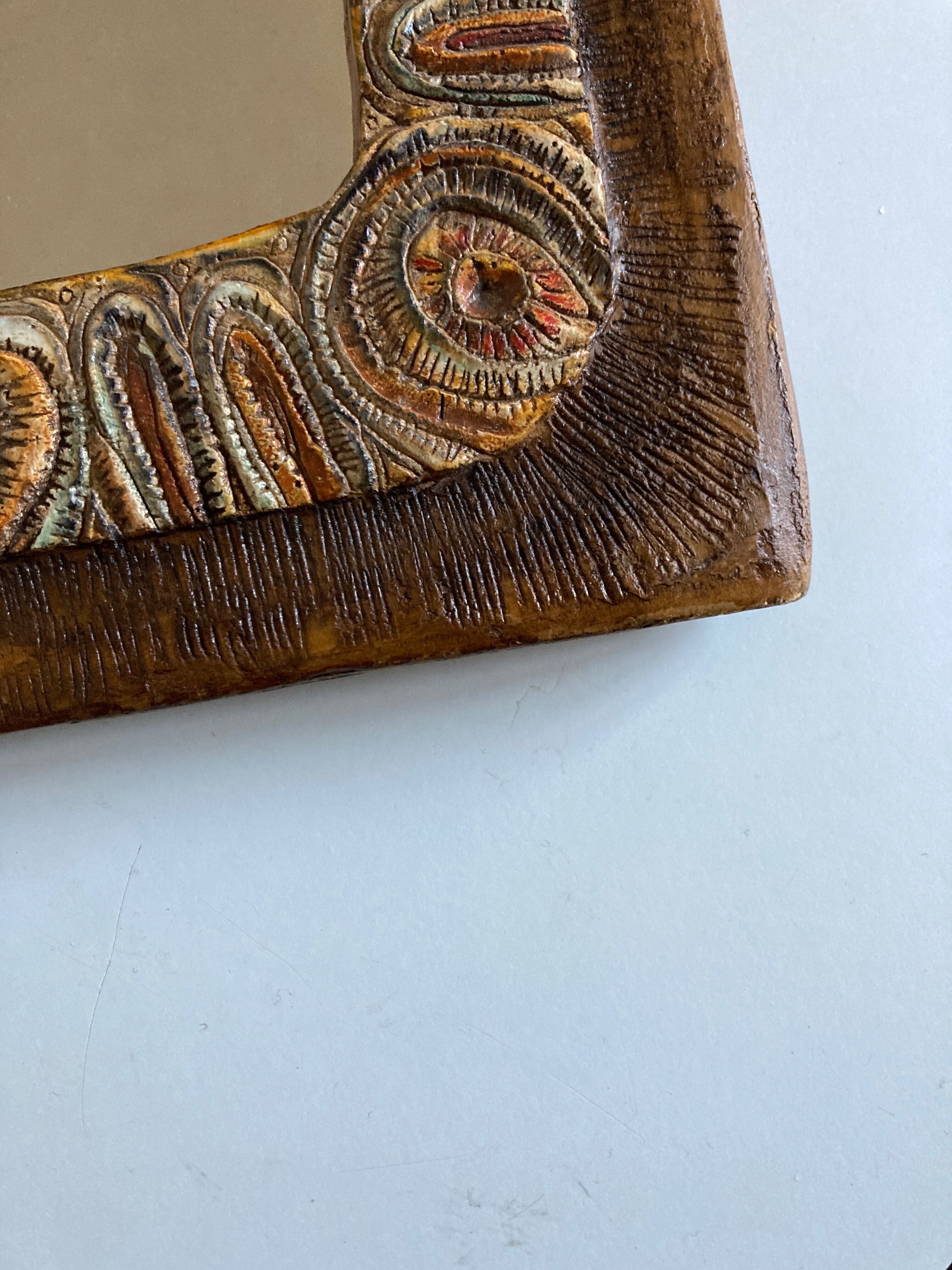 Arts & crafts 1970 mirror in incised resin