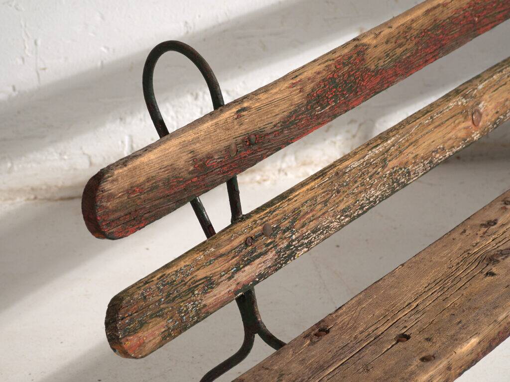 Old bench in iron and pine wood – Central Europe, around 1920