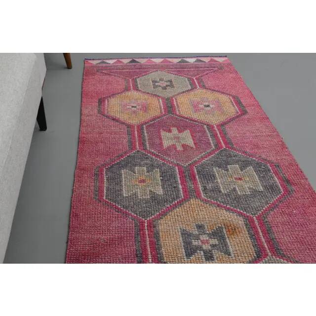 Vintage Turkish Hand-Knotted Wool Cotton Pink Runner Rug 94x329