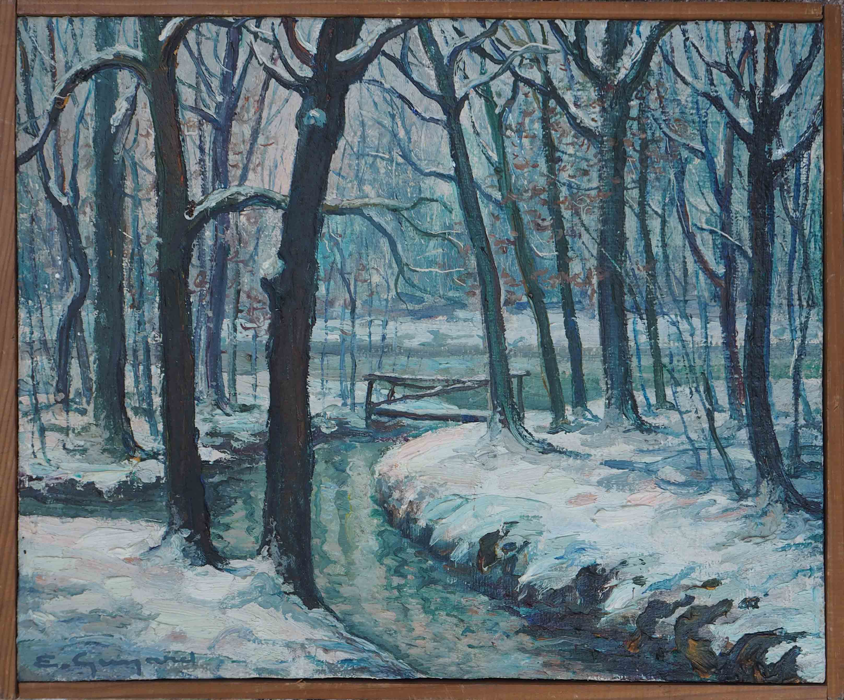 Painting Snowy and wooded river landscape HST signed early twentieth century