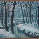 Painting Snowy and wooded river landscape HST signed early twentieth century