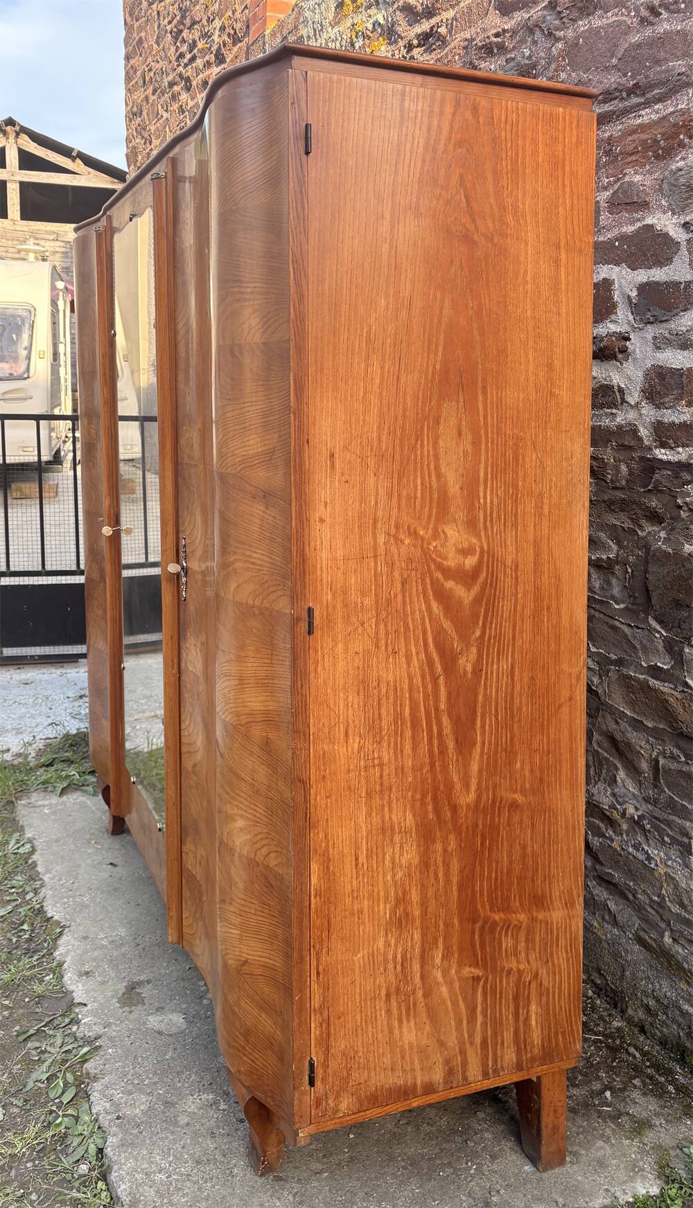 Art Deco wardrobe in flame walnut with central mirror – French elegance