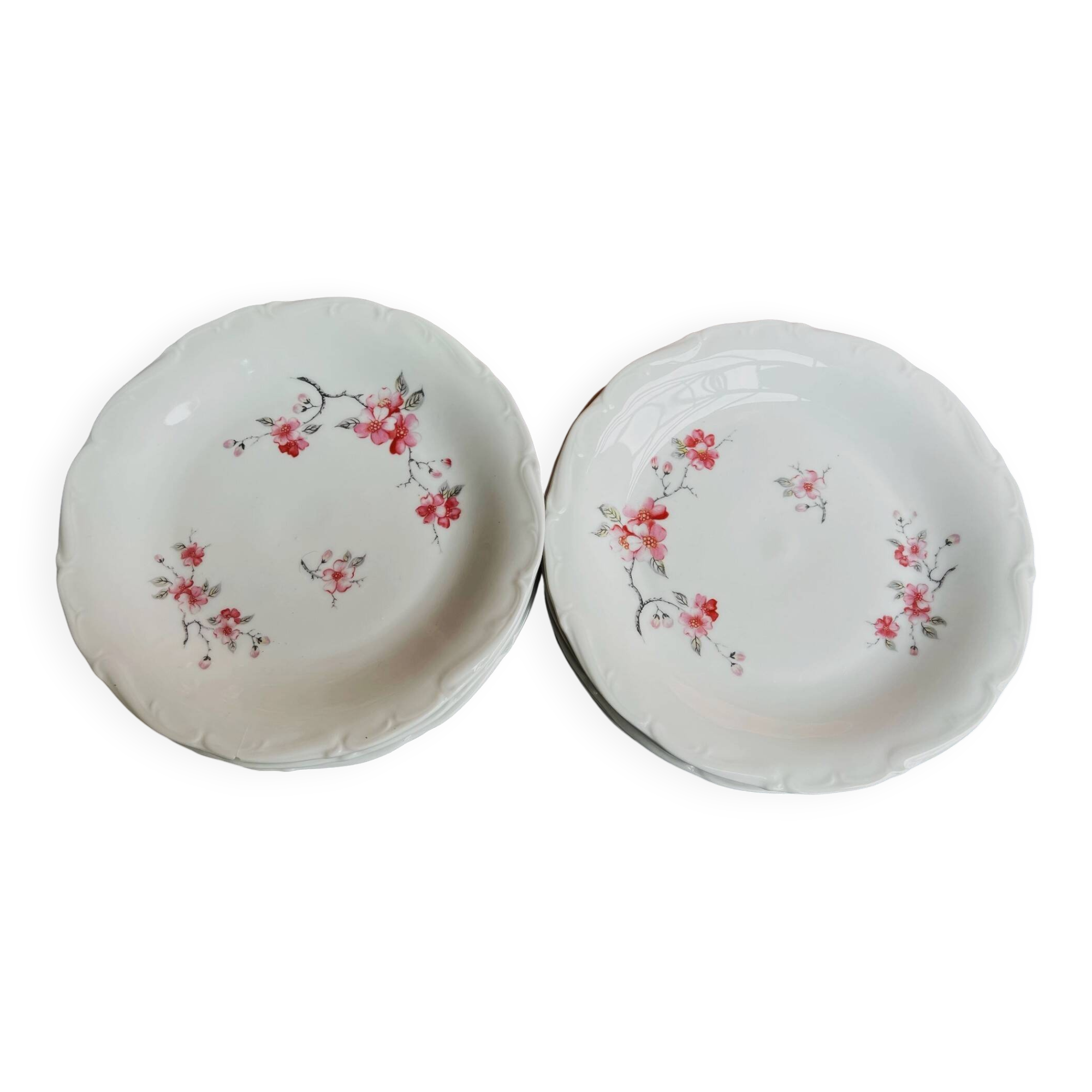 12 assiettes blanches motifs fleurs de pommier porcelaine de Sologne