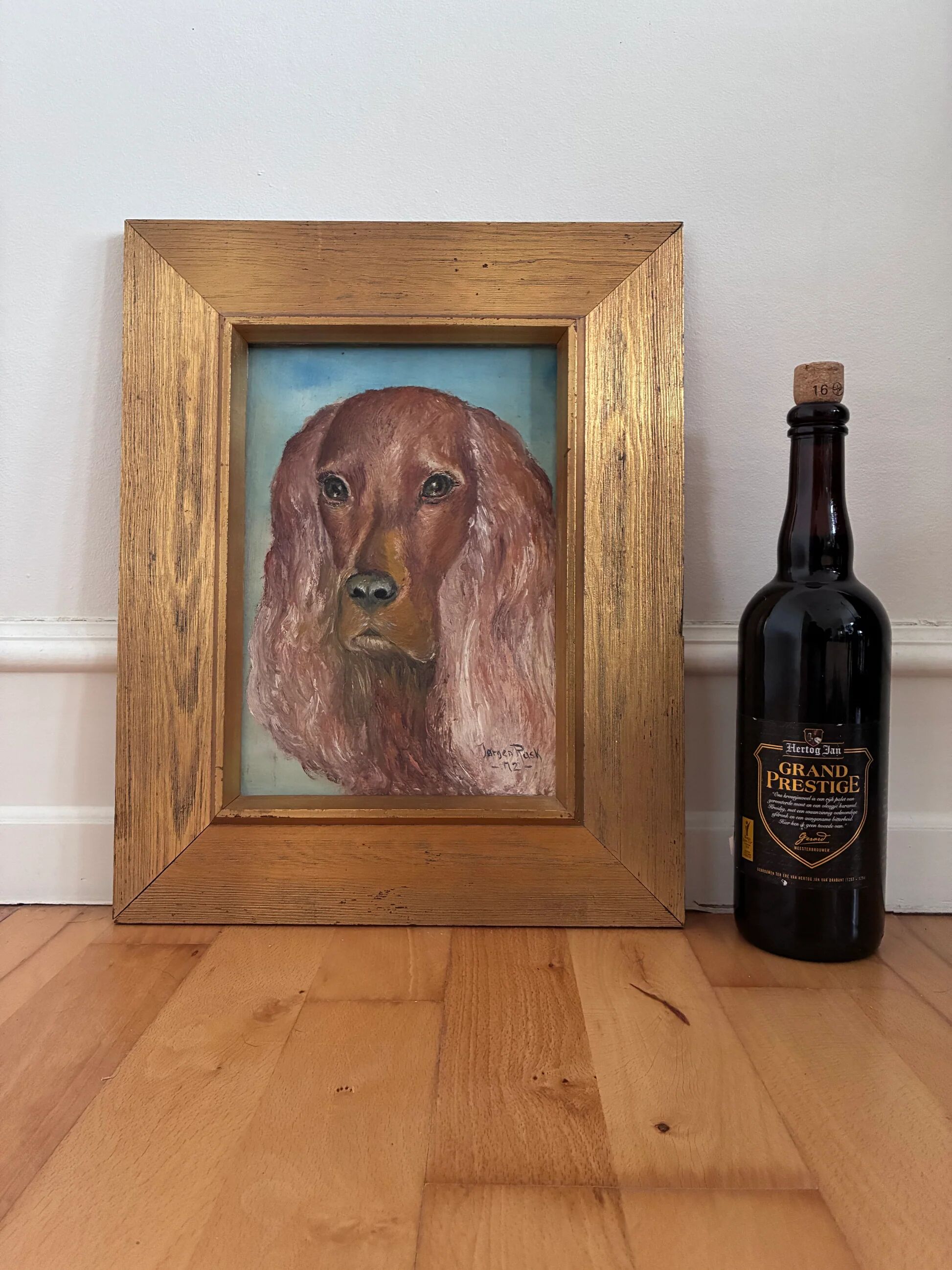 Vintage original dog portrait oil painting, signed animal art