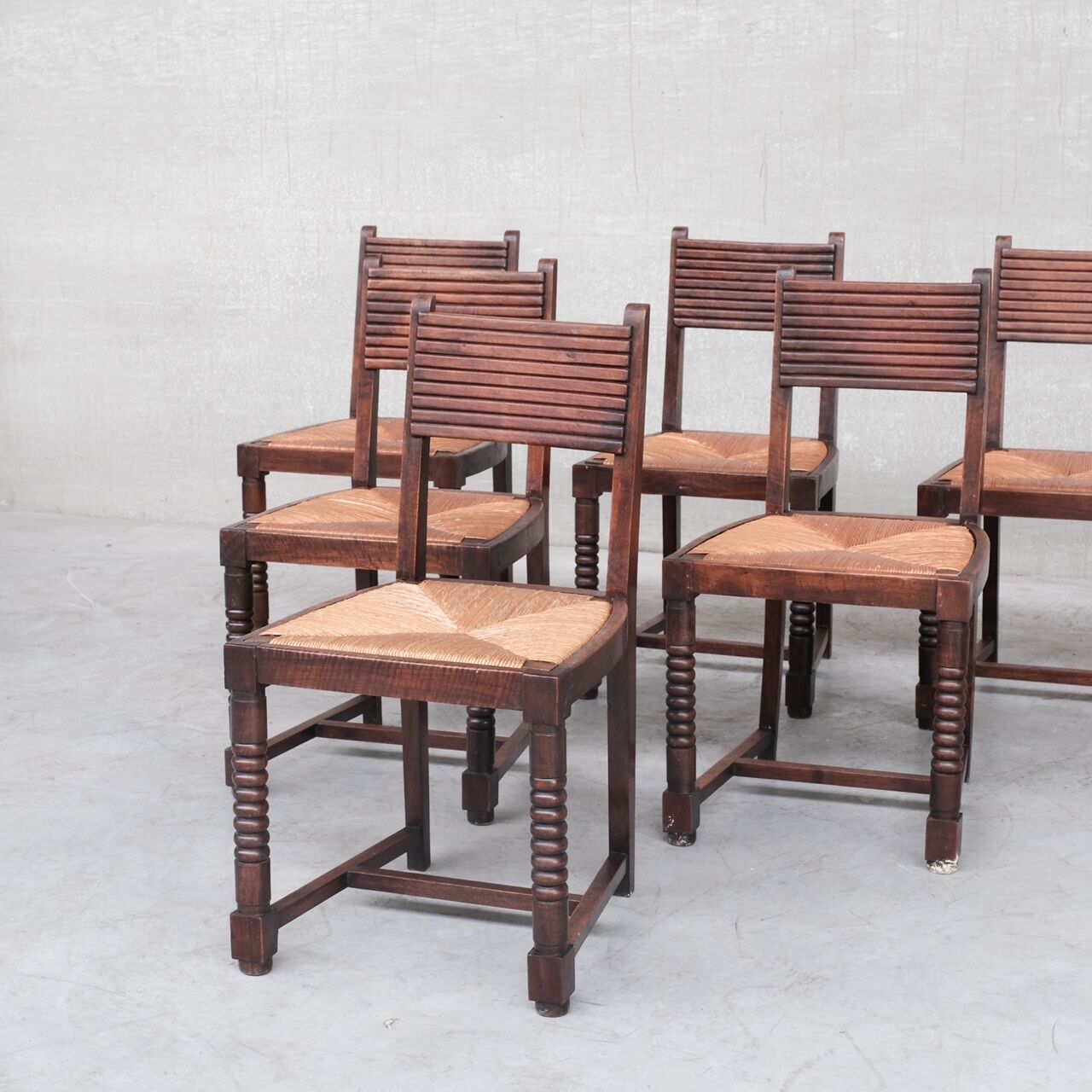 Set of six rush mid-century dining chairs