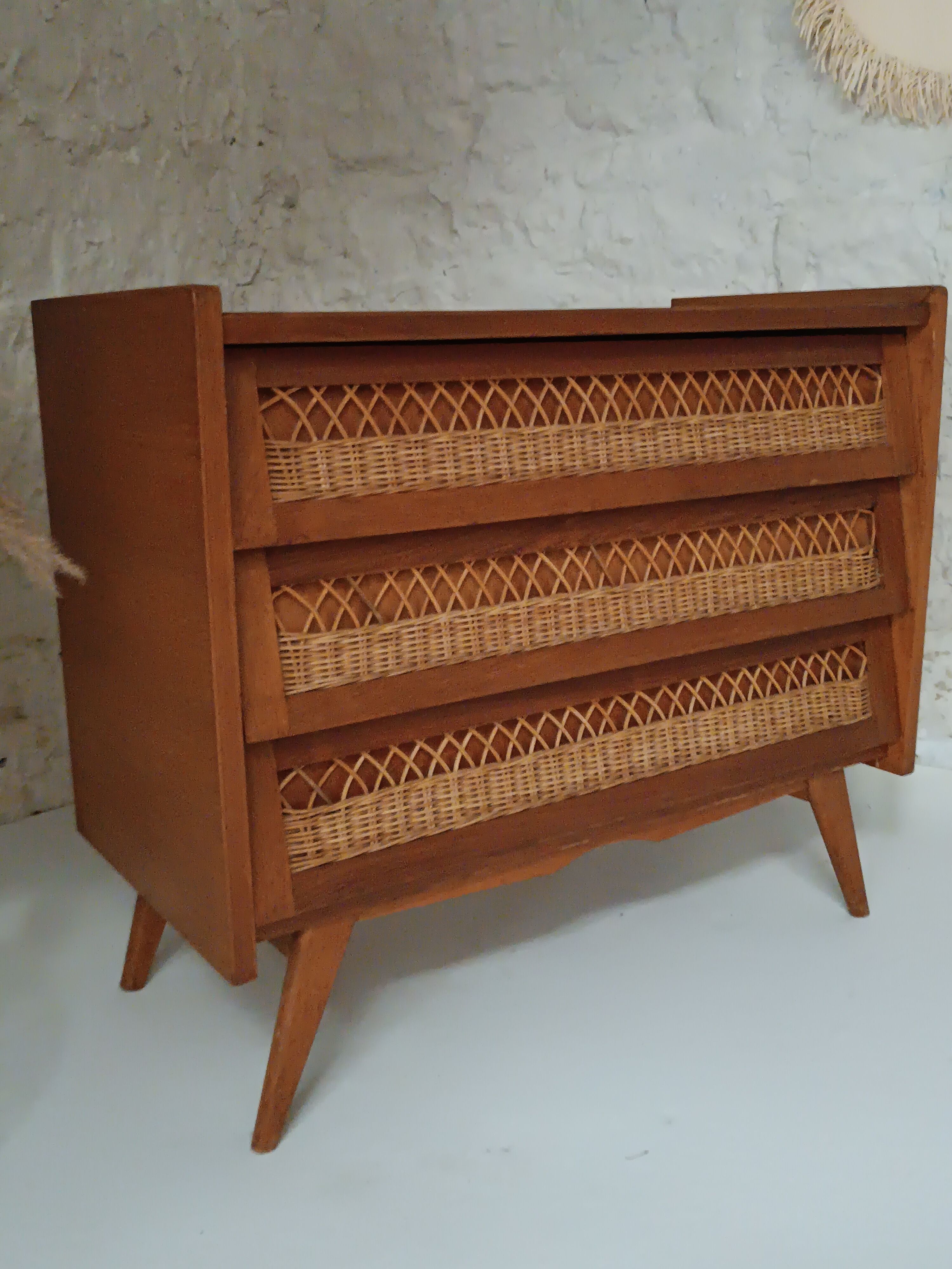 Vintage wooden and rattan chest of drawers in the 60s