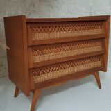 Vintage wooden and rattan chest of drawers in the 60s