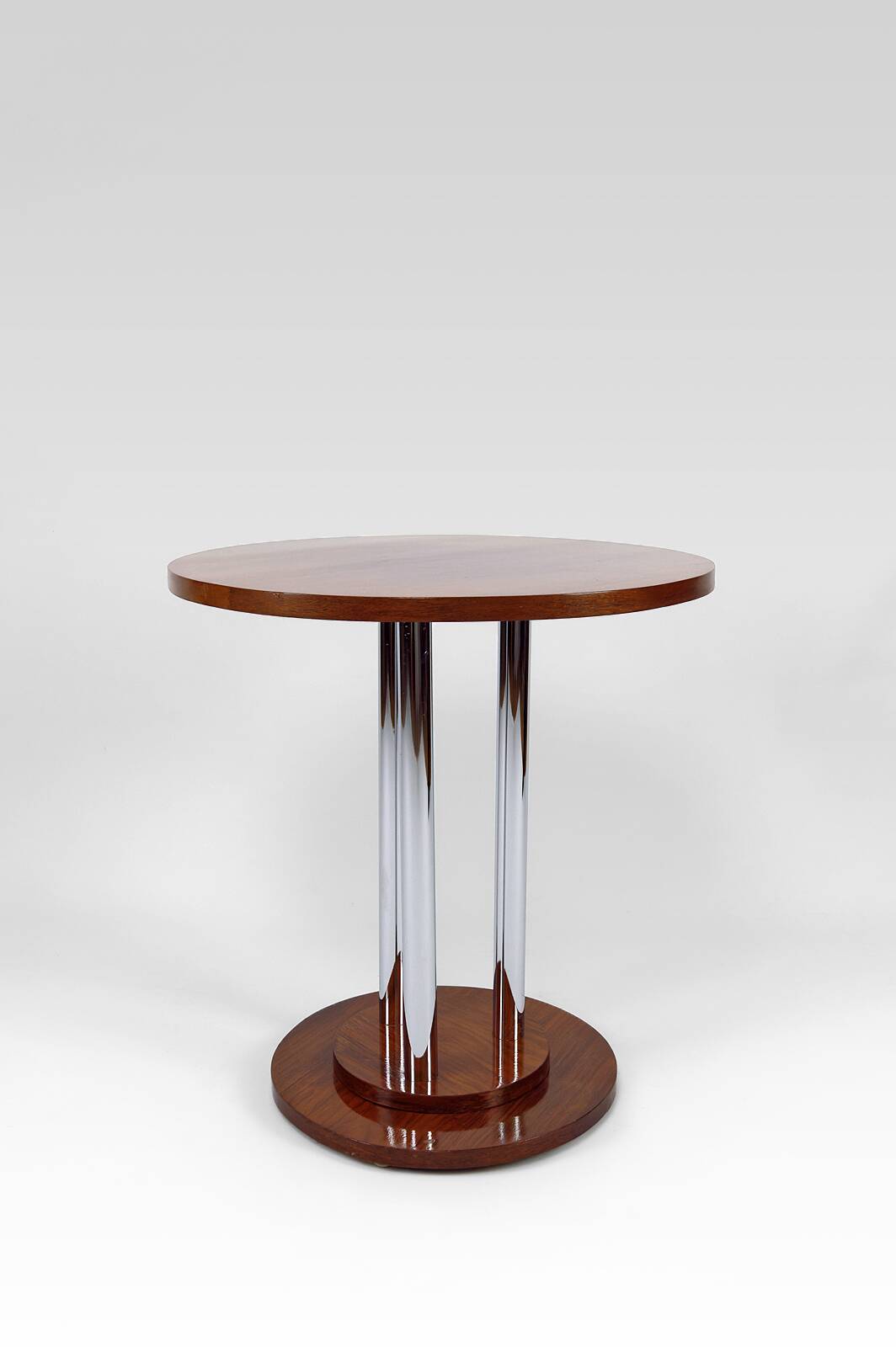 Modernist Art Deco pedestal table in walnut and chrome, France, Circa 1930