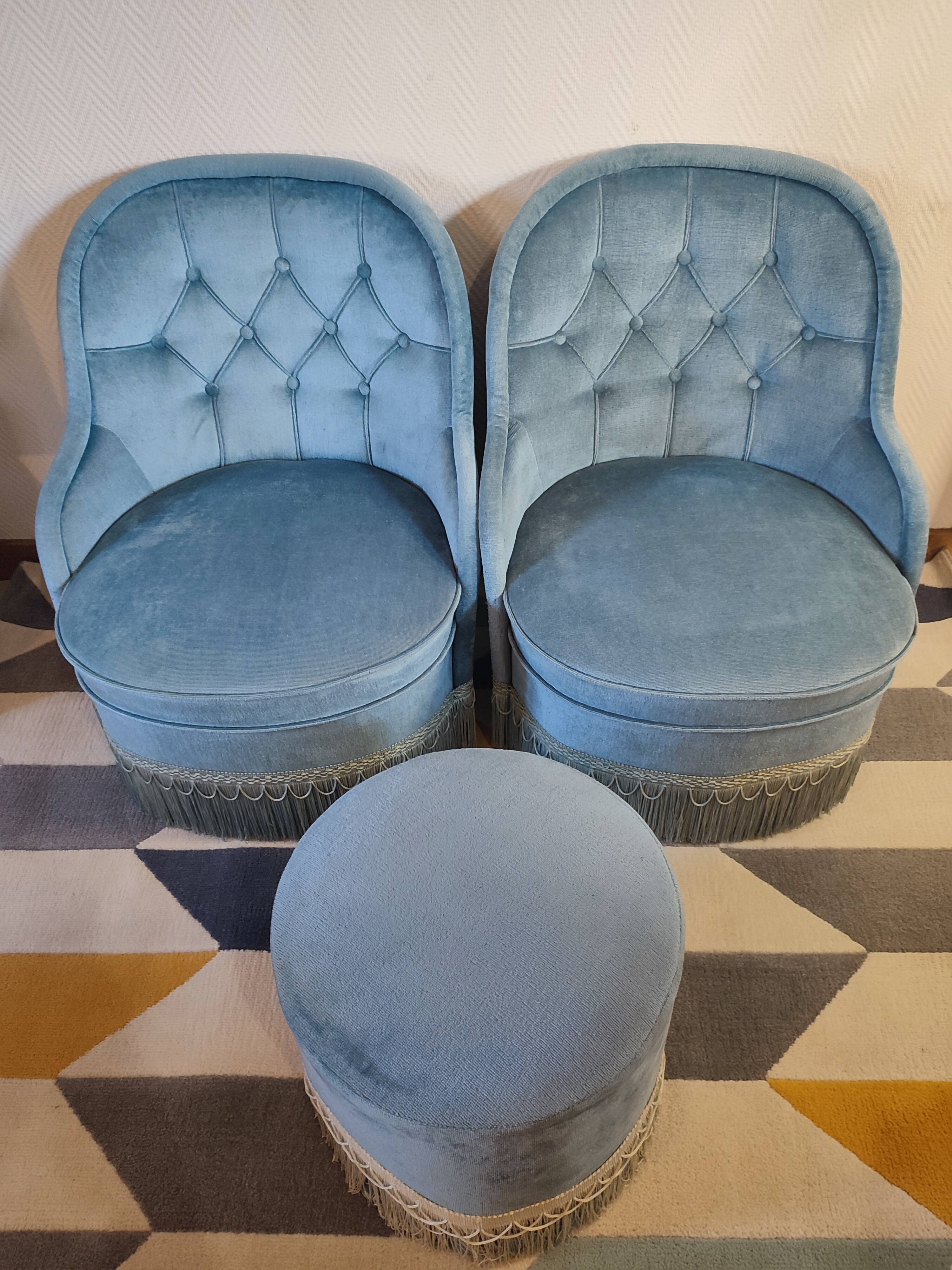 Pair of Crapaud armchairs and a vintage blue velvet pouf