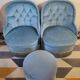 Pair of Crapaud armchairs and a vintage blue velvet pouf