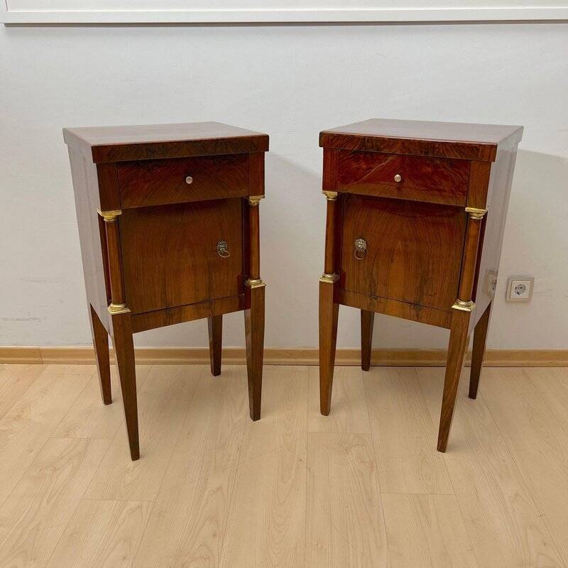 Empire Nightstands in Walnut with Full Columns in Gilt Brass, Italy, 1810, Set of 2