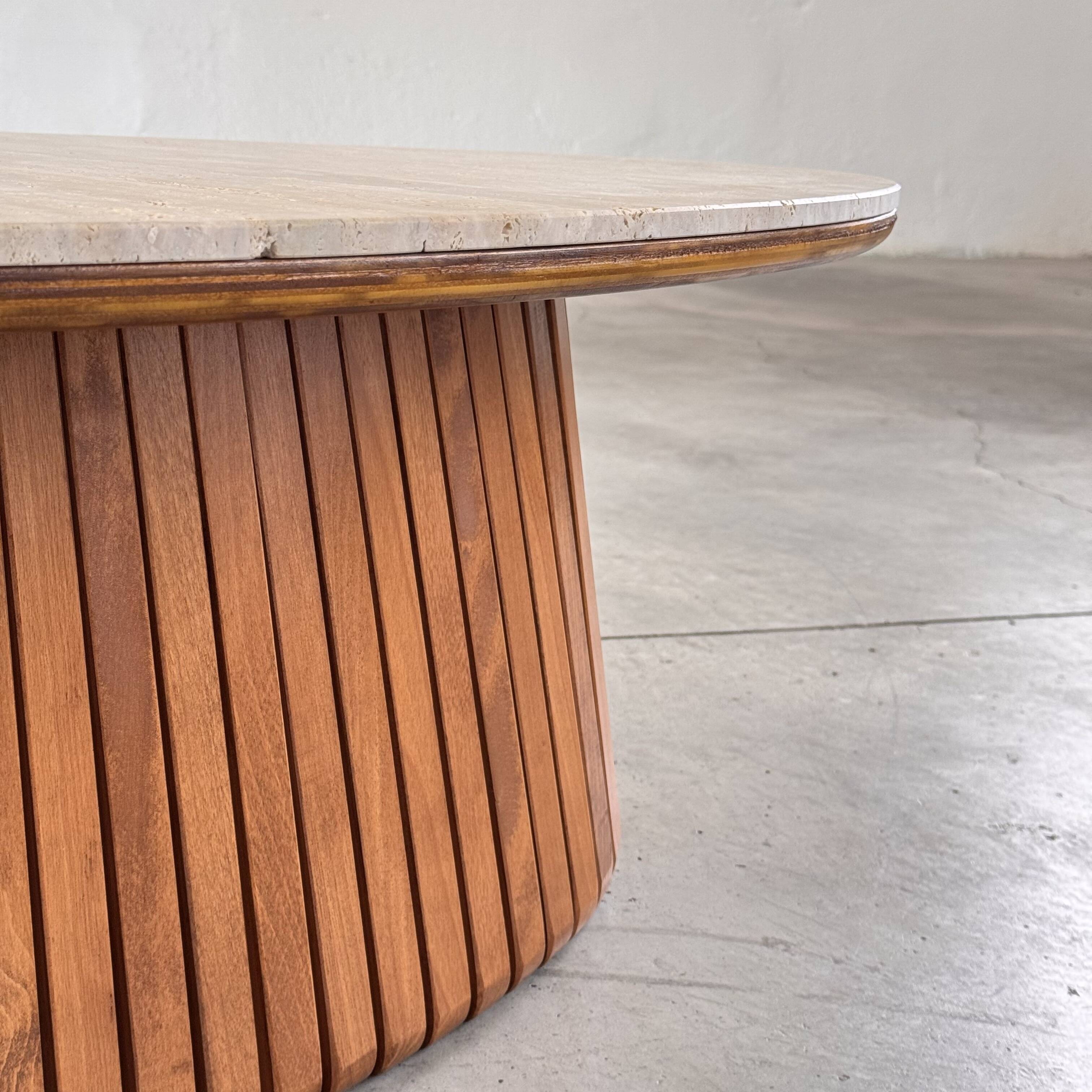 Oval travertine coffee table with ashwood slatted base – italy by forme