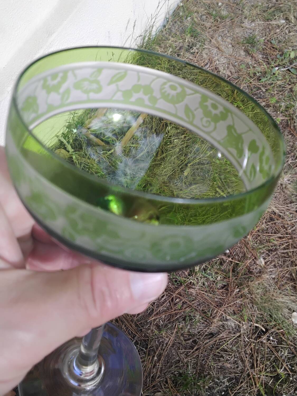 14cl Nancy Houillon crystal wine glass with green floral border