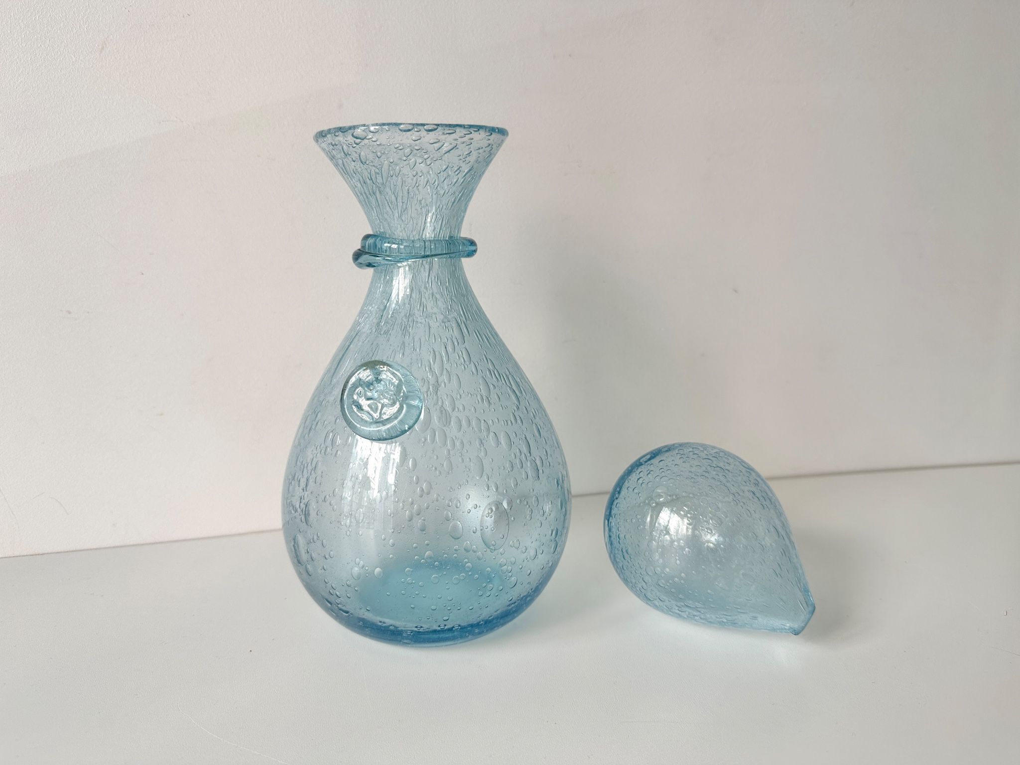Vintage 1960s blue bubble glass BIOT carafe