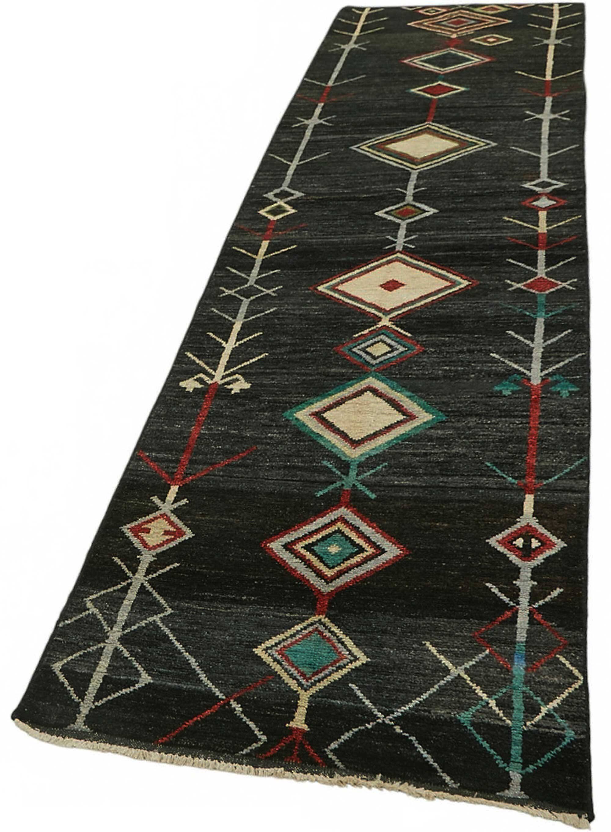 Handmade Turkish One of a Kind 92 cm x 419 cm Black Wool Runner Carpet