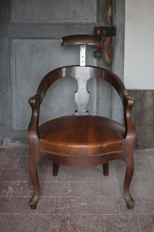 Fauteuil de Barbier bois et cuir appui-tête réglable, fauteuil de bureau