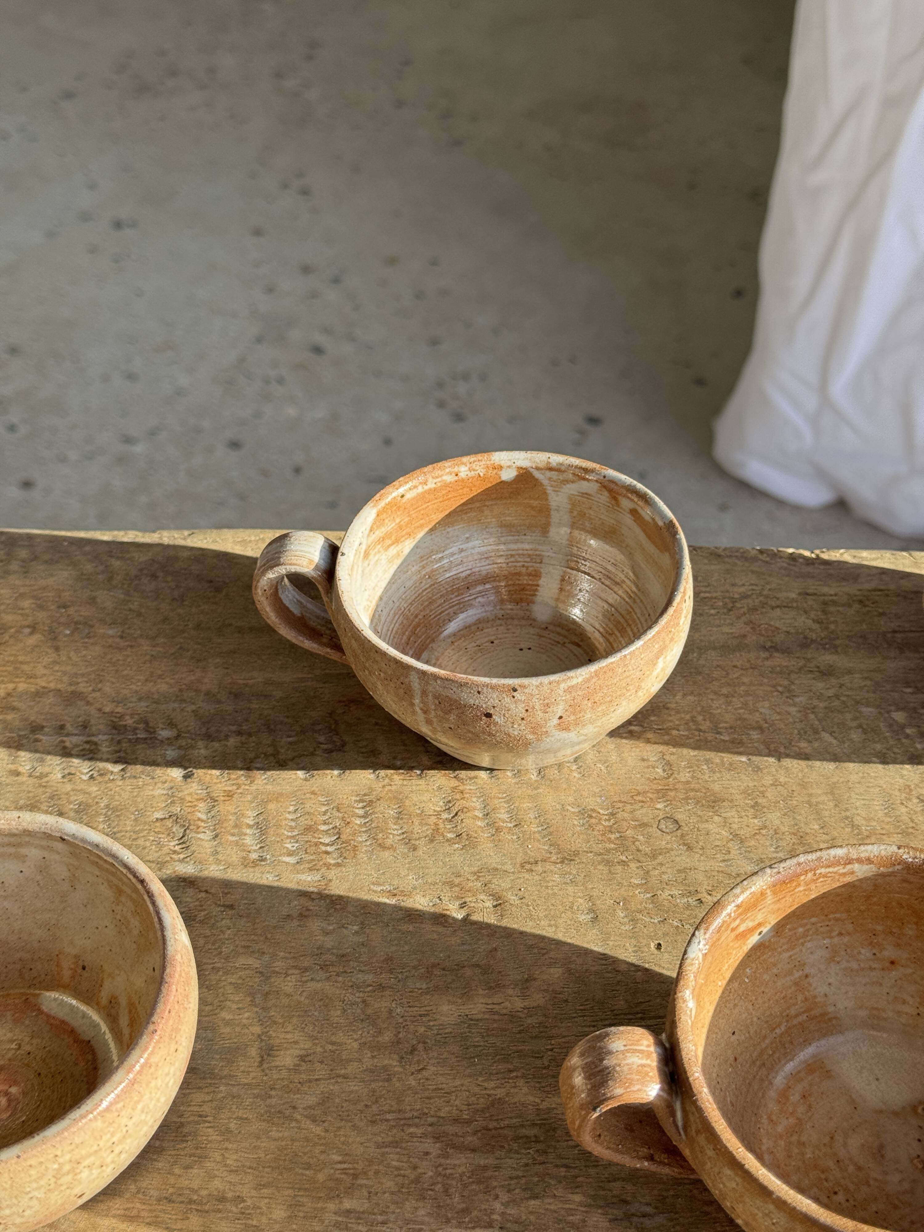 Set of 11 vintage coffee cups, raw matte stoneware H11