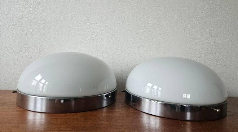 Set of Two Rare Chrome Bauhaus Flush Mount, Ceiling or Wall Lamps, 1930s