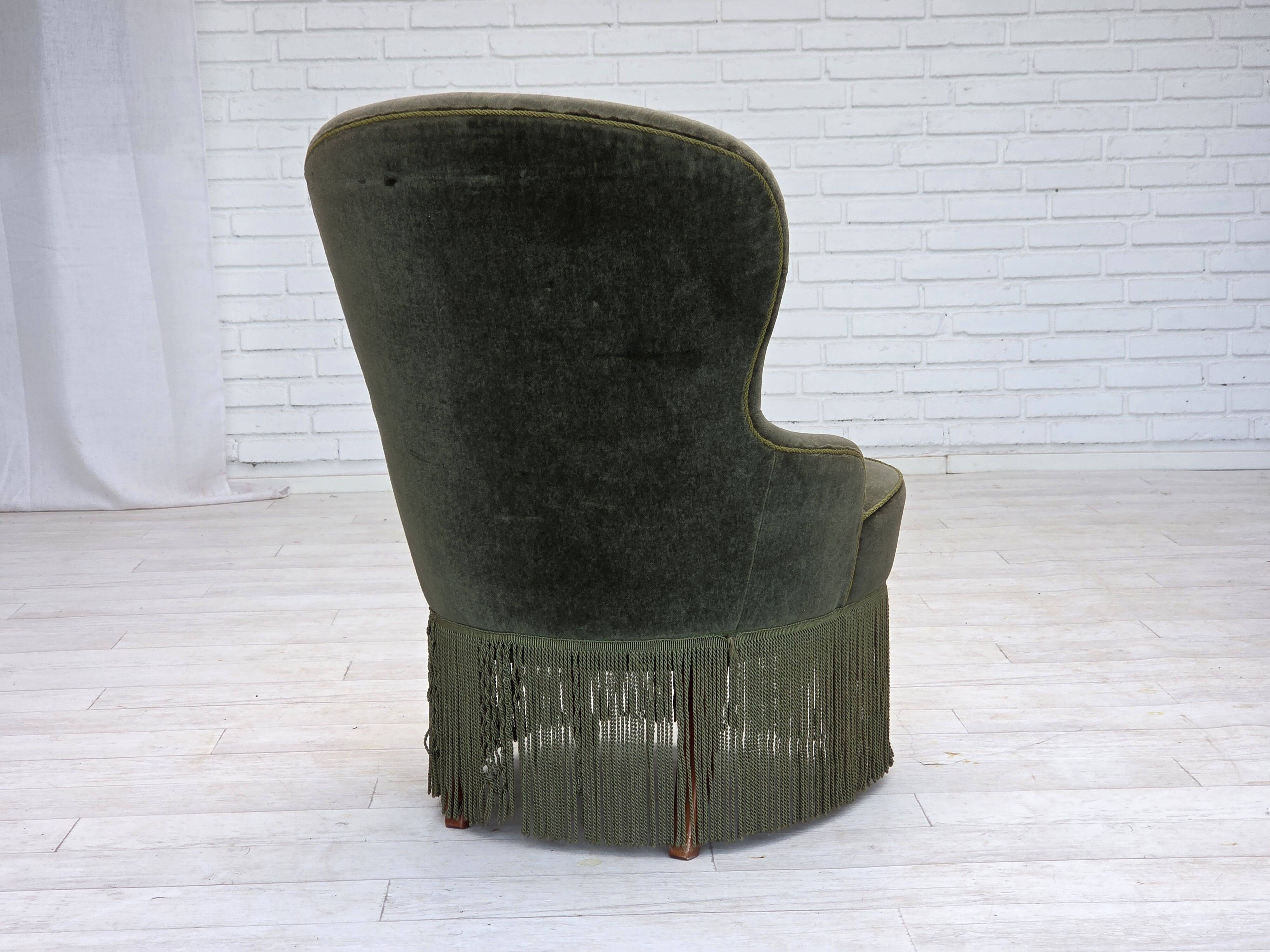 1970s, Danish side chair, green furniture velour, beech wood legs.