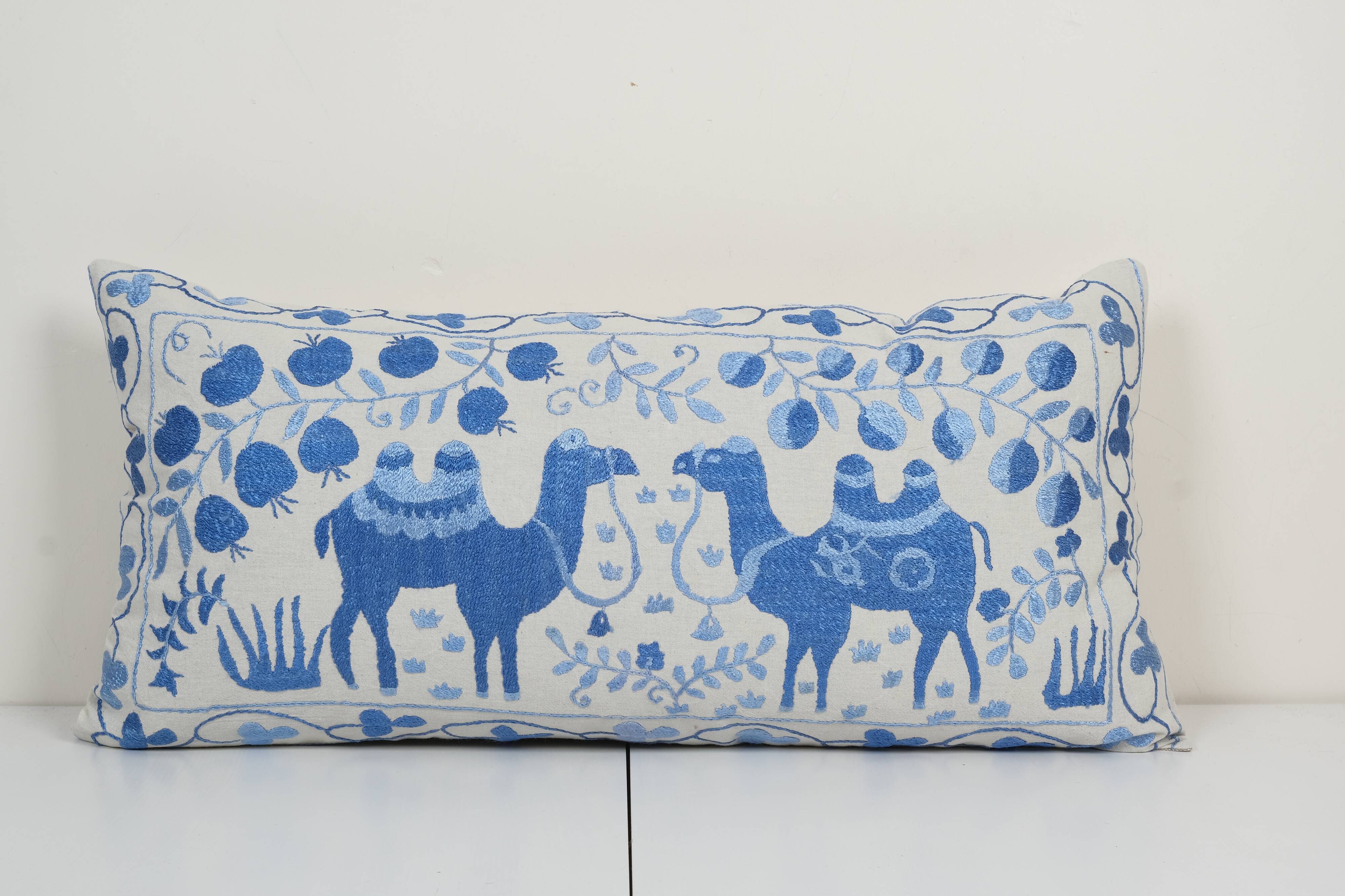 Suzani Animal Bedding Pillow Case Made from a 19th Century Suzani - Camel Lumbar Bird Cushion Cover