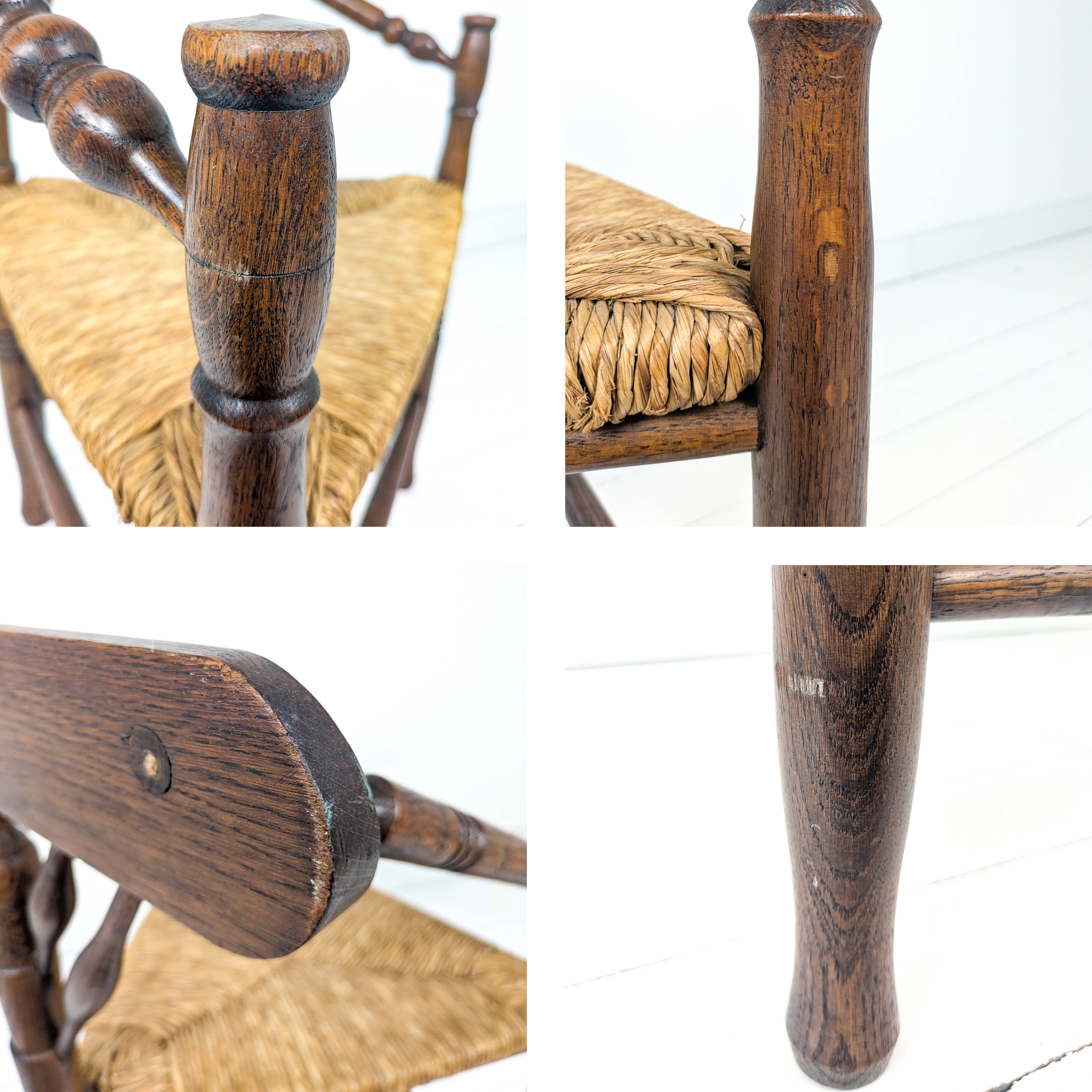 Chaise d’angle vintage antique à trois pieds en bois massif avec assise en