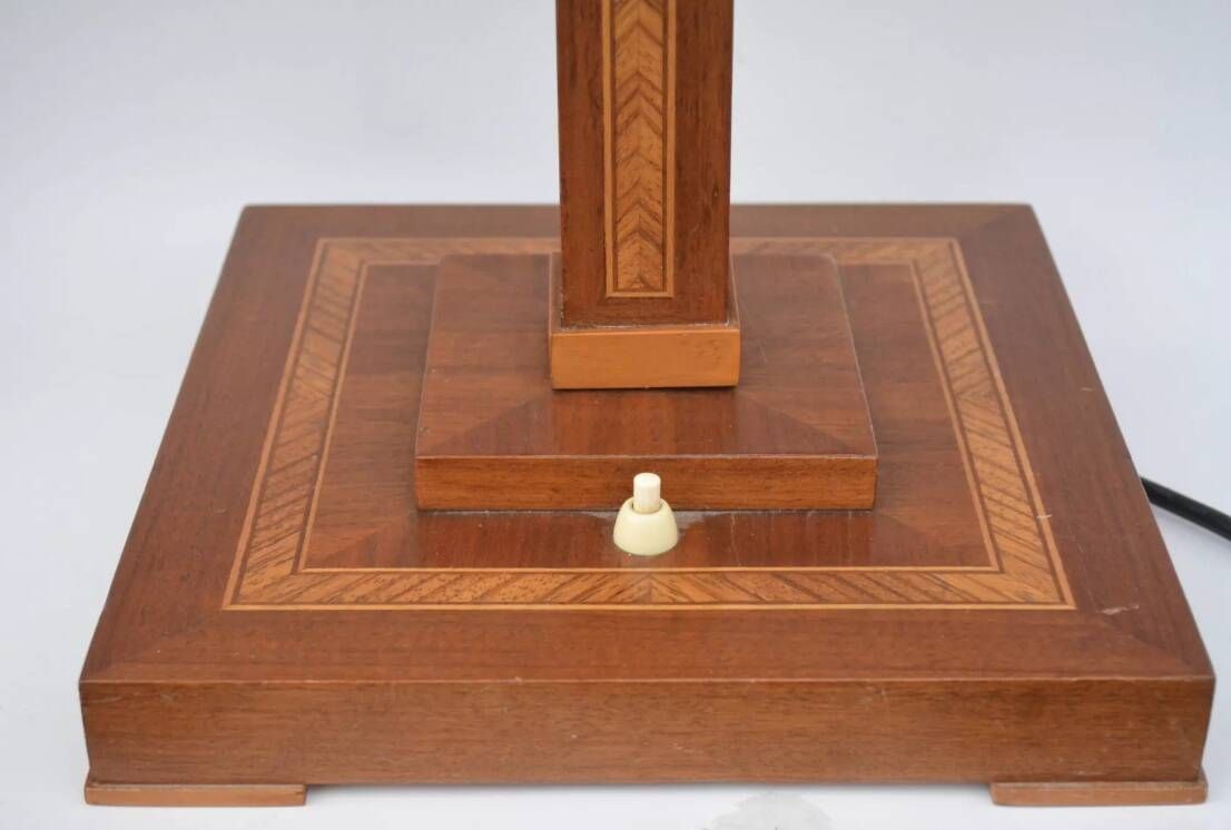 Vintage Wooden Table Lamp with Geometric Marquetry Inlay – Fabric Lampshade