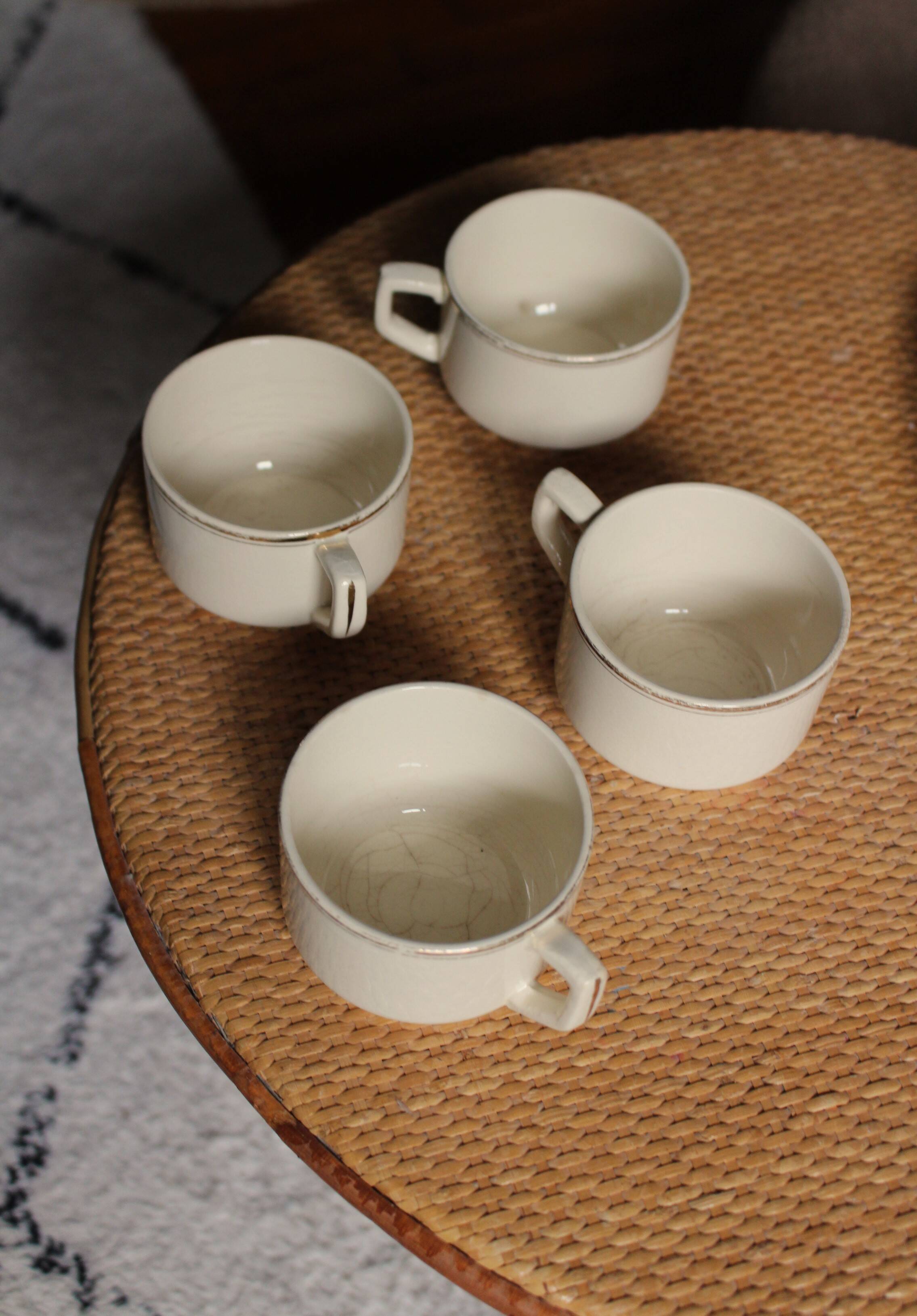 4 cups in ecru and gold Sarreguemines earthenware
