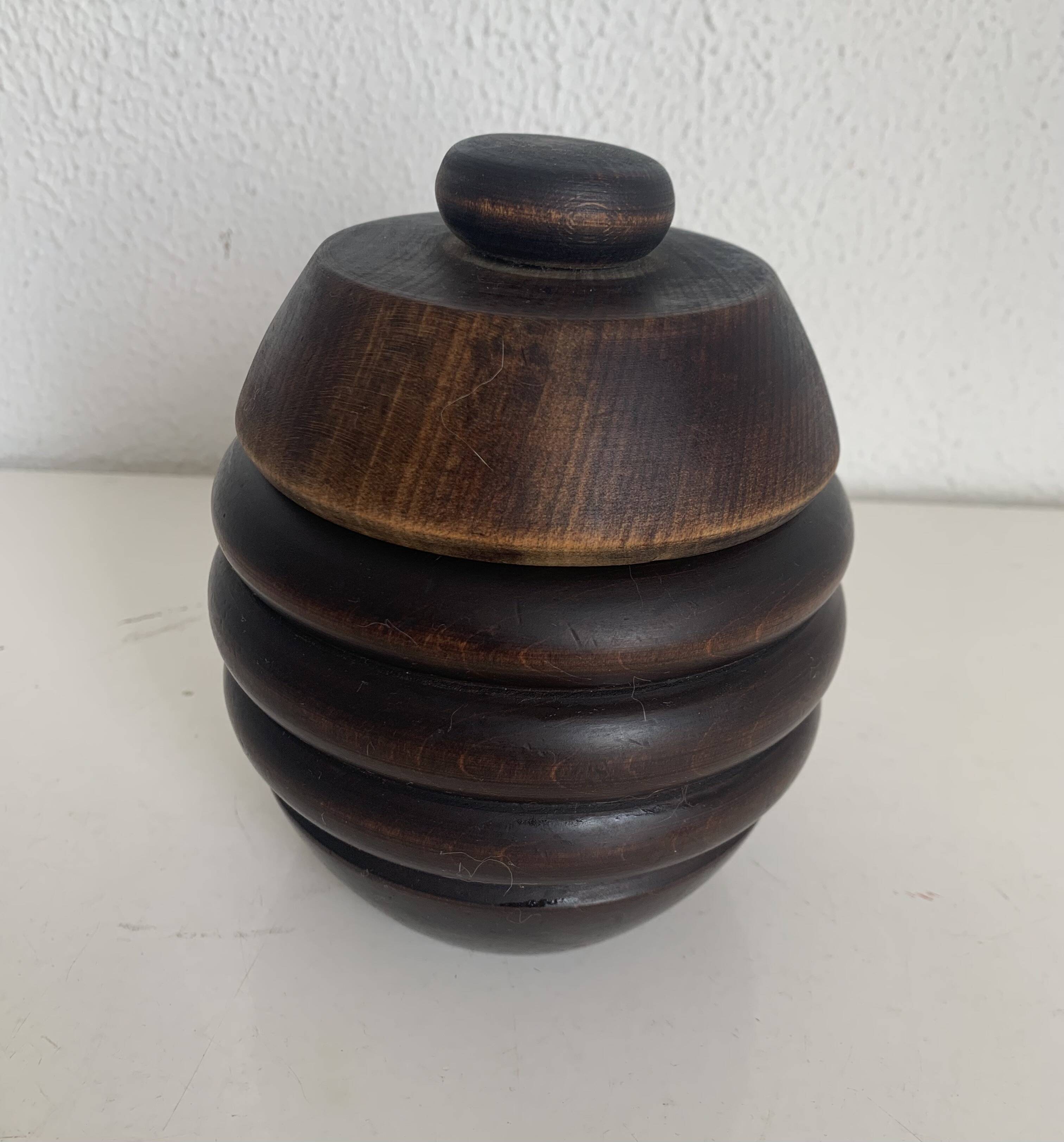 Pot à tabac vintage 1930 tabatière bois sculpté pipe - 15 x 12 cm