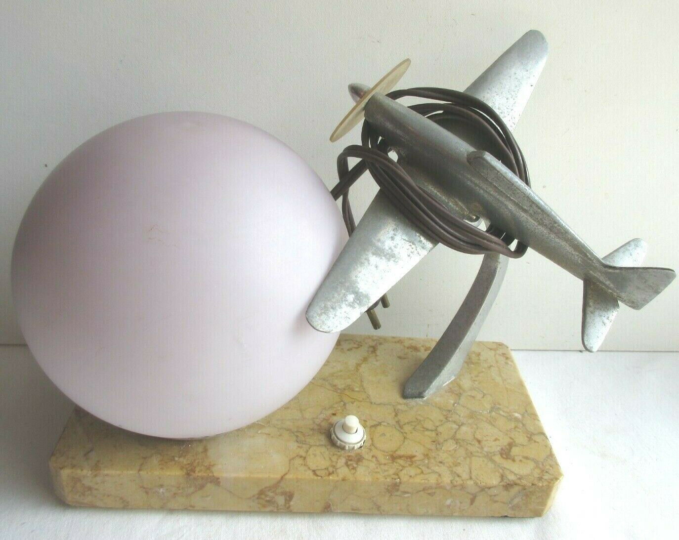 Art deco table lamp aluminum airplane and ball tulip on marble terrace