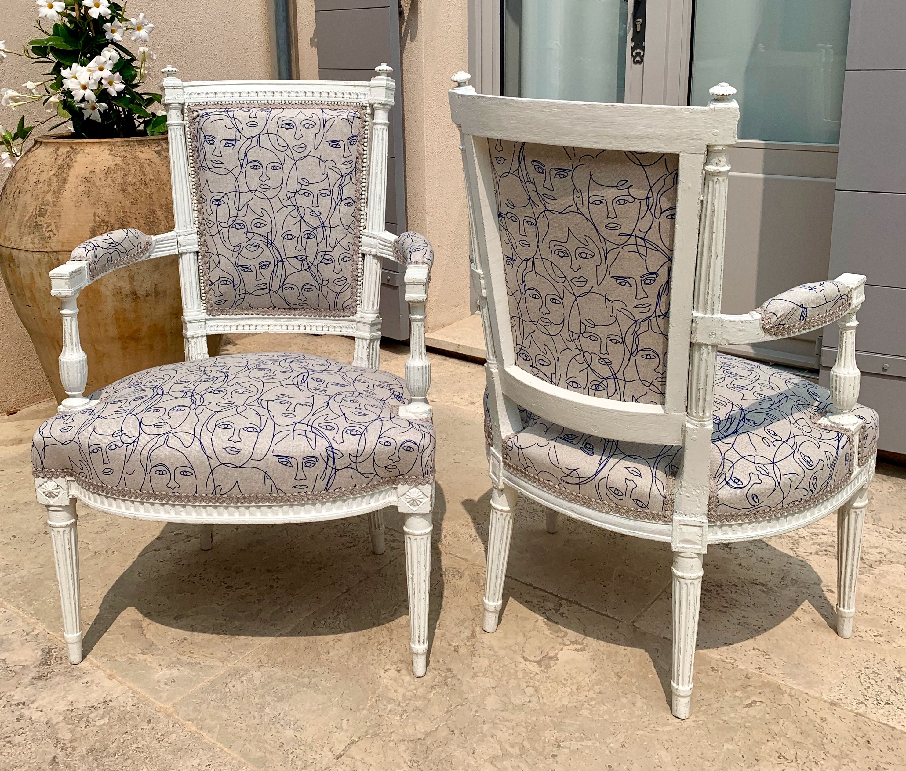 Pair of patinated louis xvi period armchairs, new tapestry