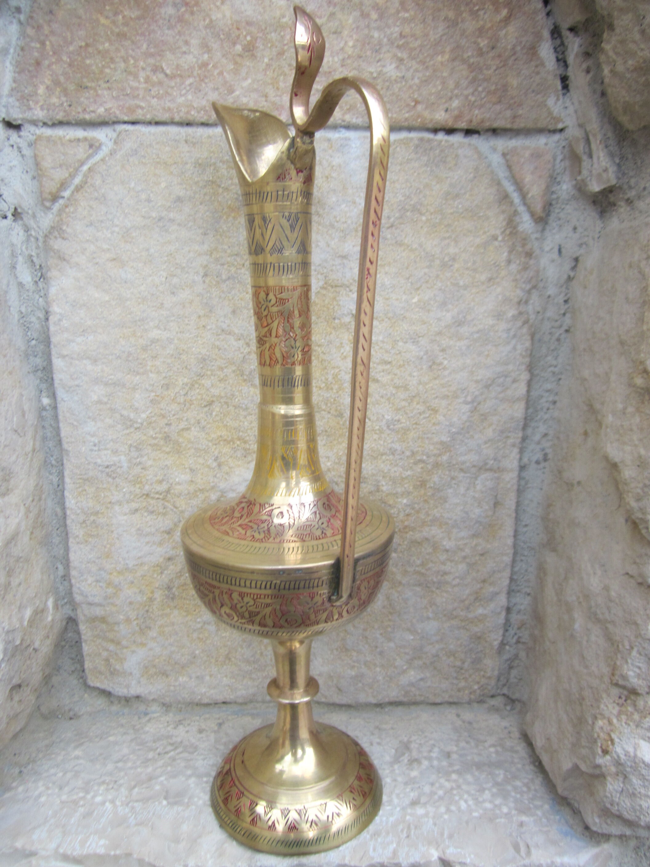Indian brass ewer: inlaid plant motifs